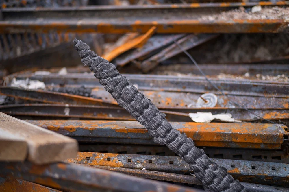 Close-up of twisted steel beams from fire aftermath in Altadena
