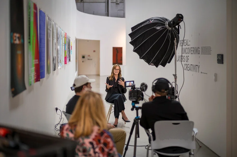 Video interview setup with participant at ISS LA Fire Relief.