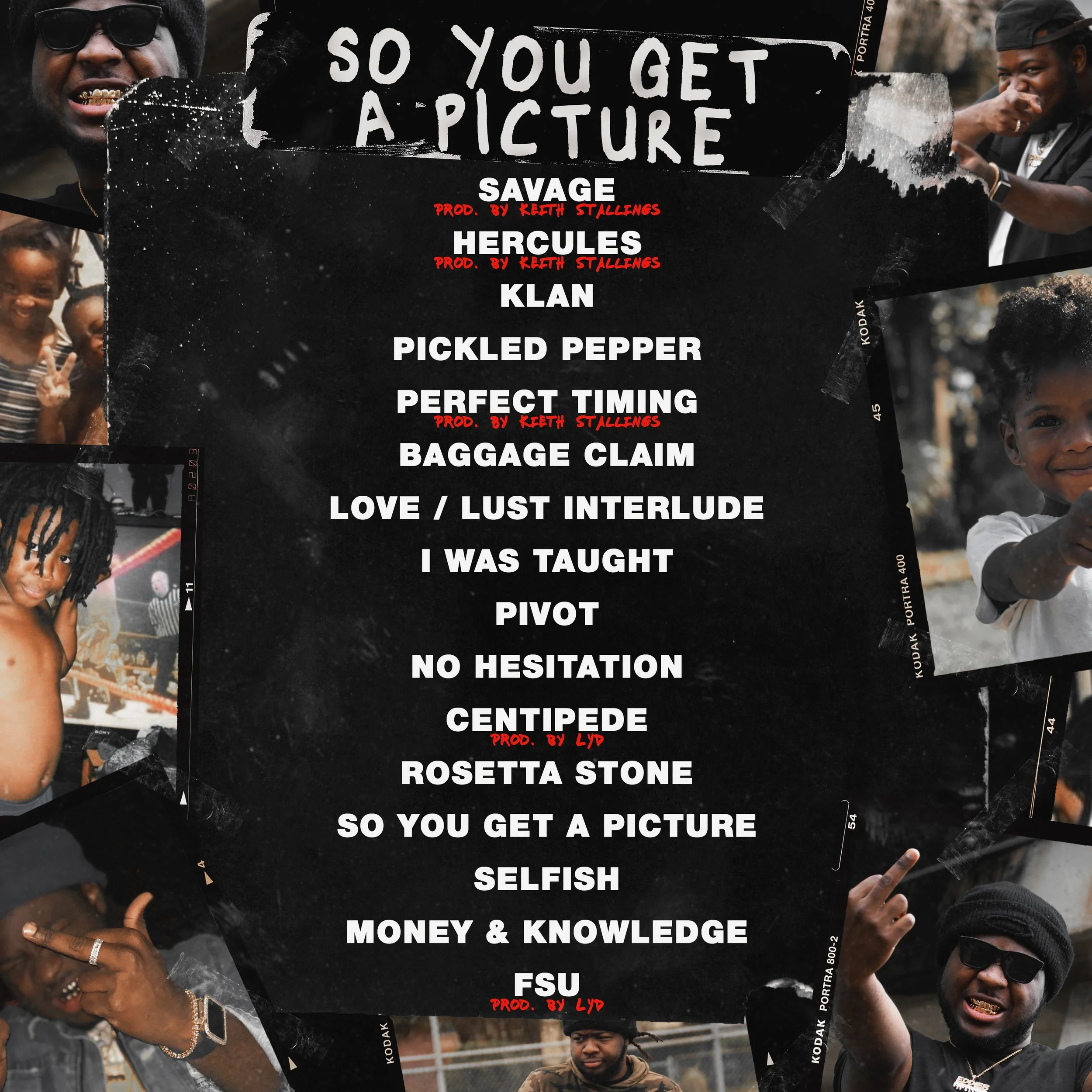 Black poster with white and red text listing song titles and producers, surrounded by photographs of smiling children and people with jewelry, sunglasses, and casual clothing.