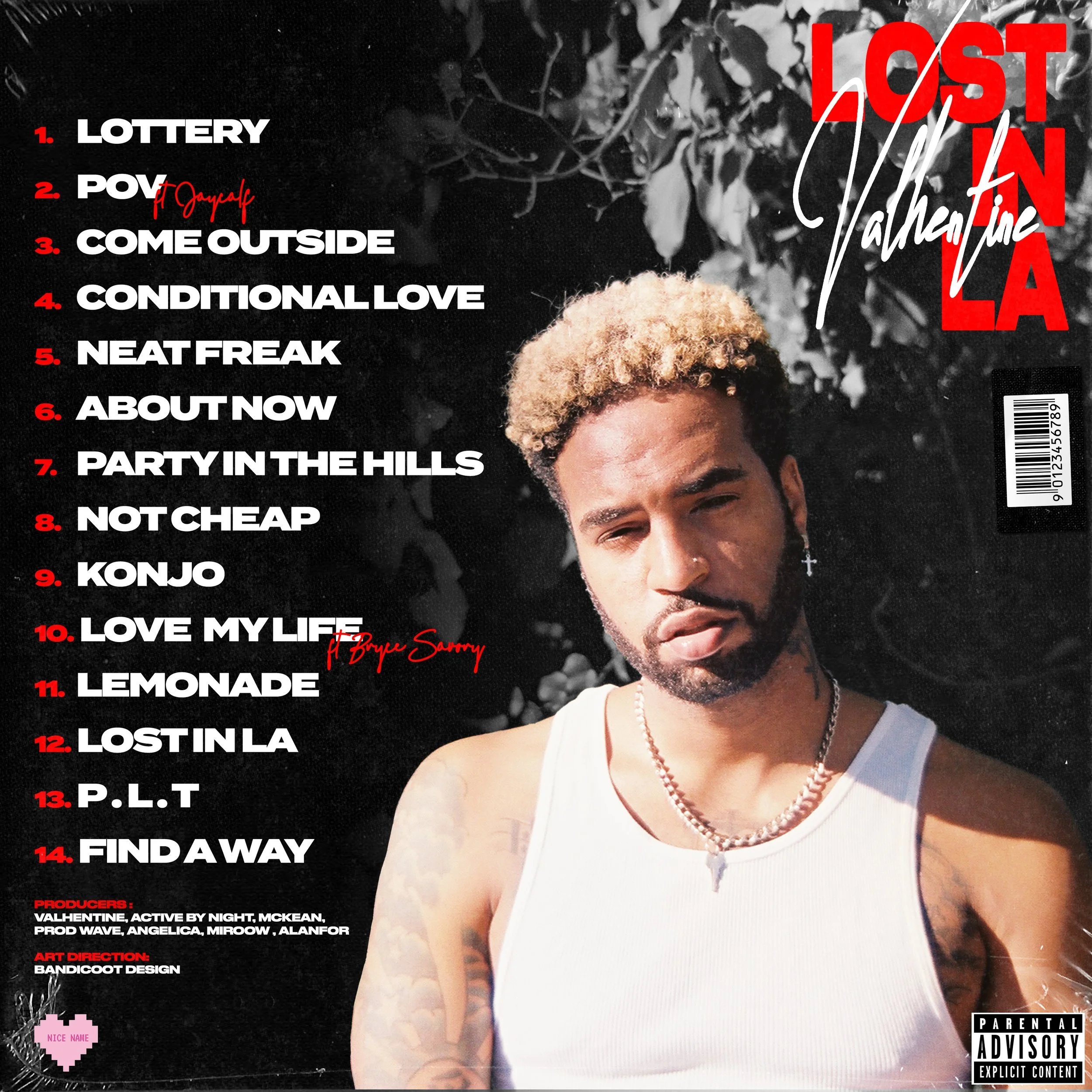 Cover image of an album titled 'Lost in LA' by Valhalla, featuring a man with short curly blond-tipped hair, tattoos on his arm, a nose ring, and a cross earring, standing outdoors with leafy branches in the background. The album tracklist is on the left in white and red text, and there is a barcode on the right.