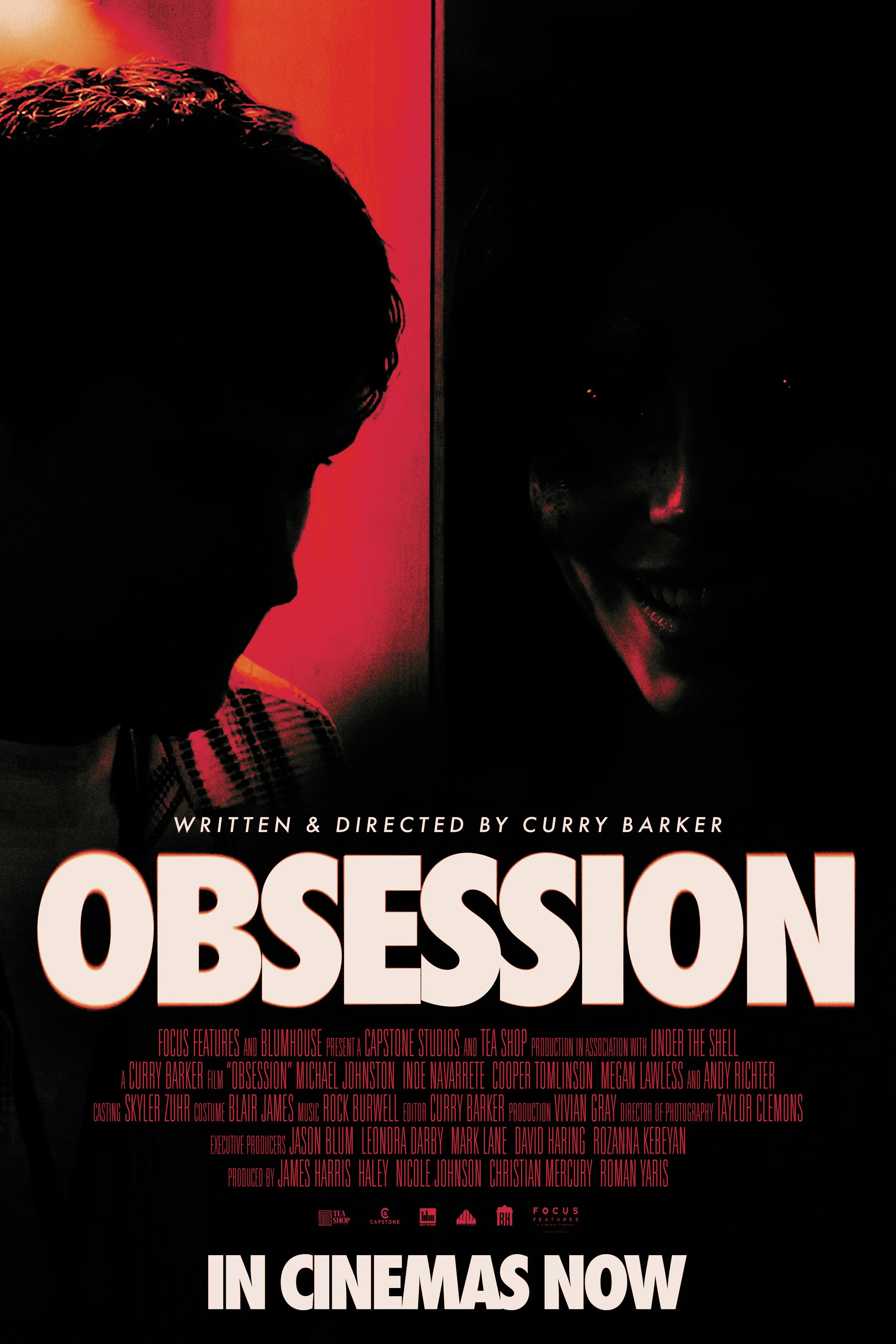 Poster for the movie 'Obsession' shows two faces in silhouette, one on the left and one on the right, both with red lighting. The title 'OBSESSION' is prominently displayed in large white letters, and the text indicates it is written and directed by 