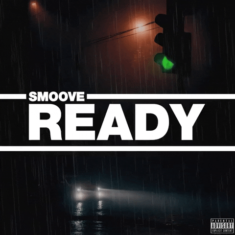A rainy night scene with a green traffic light and car headlights in the distance. Overlay text reads 'Smoove Ready'.