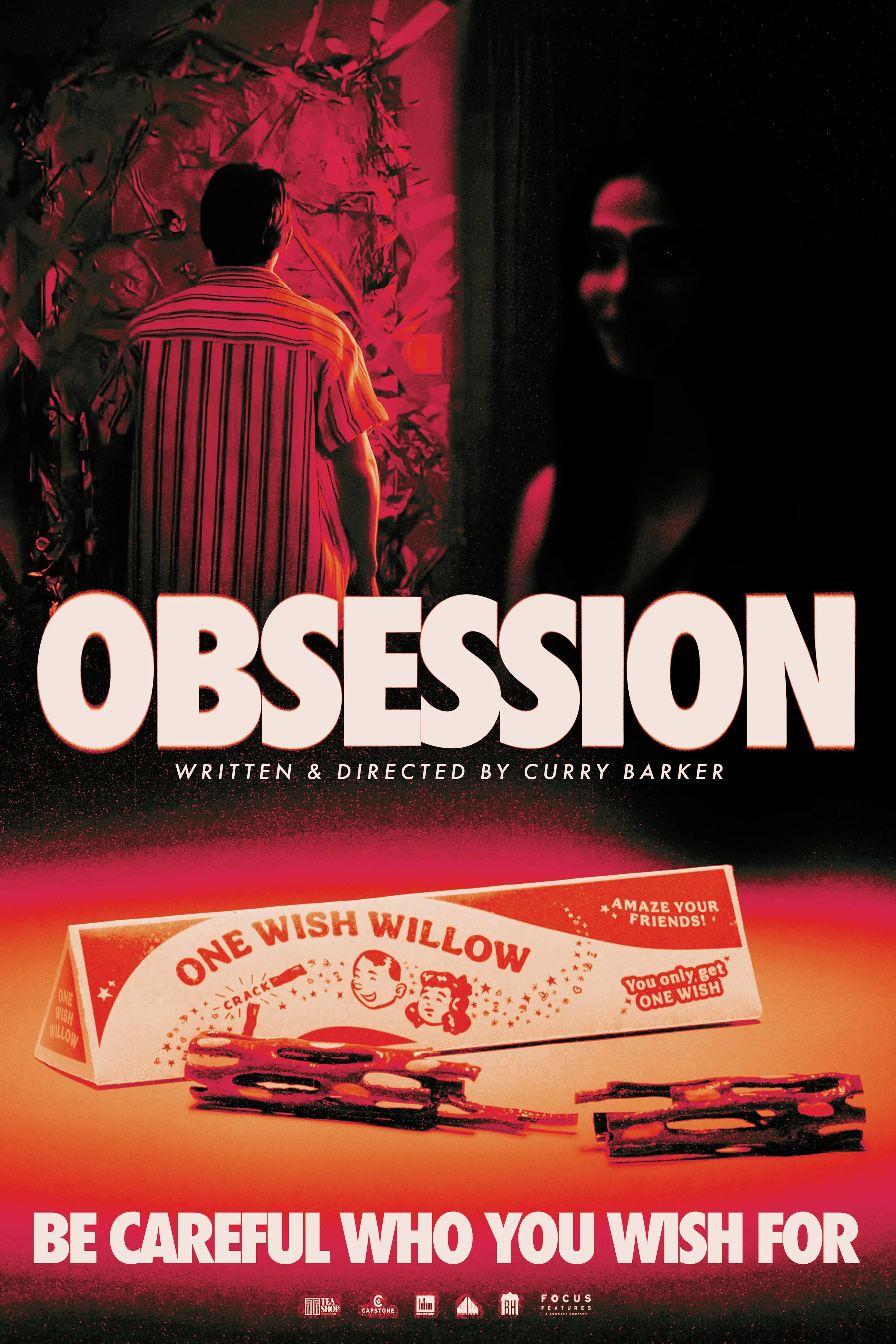 A promotional poster for a film titled 'Obsession' featuring a person with striped shirt facing a dark, textured background, with the title in large bold letters and a tagline encouraging caution in wishes.