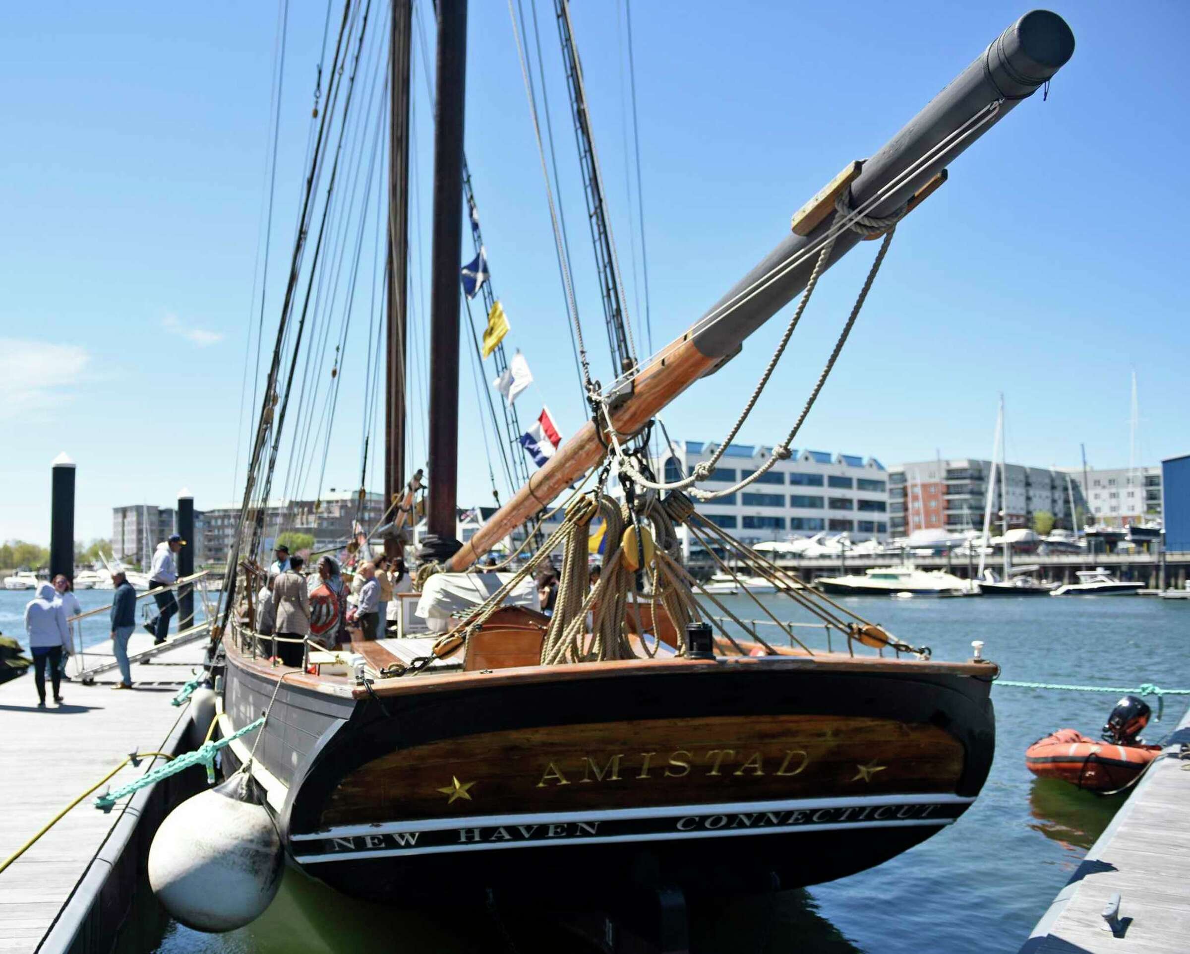 Students board a reproduction of the Amistad slave ship docked at Harbor Point in Stamford, Conn. Monday, May 9, 2022. Eighth grade students toured the ship to kick off the new partnership between Stamford Public Schools and Discovering Amistad. Stu