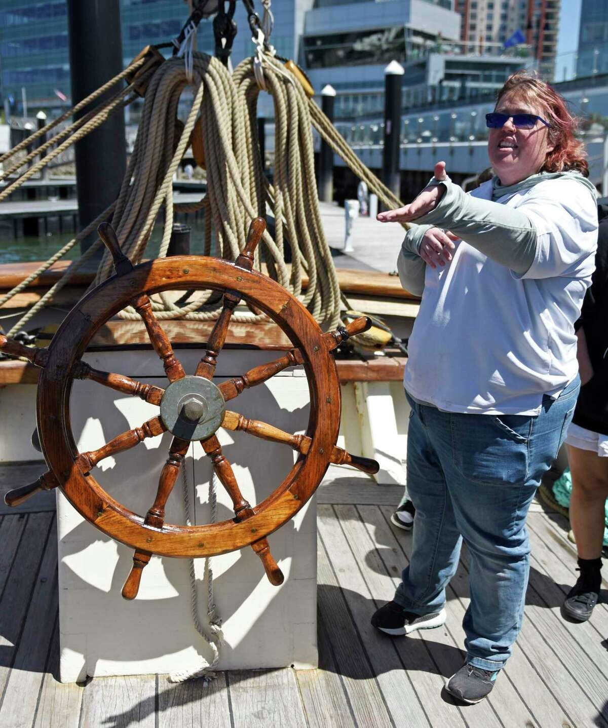  Discover Amistad educator Heidi Slaney tells students the history of the Amistad uprising aboard a reproduction of the ship docked at Harbor Point in Stamford, Conn. Monday, May 9, 2022. Eighth grade students toured the ship to kick off the new part