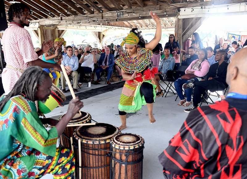  Nikki Hartfield, of Hartford, preforms a traditional liberte dance during a Juneteenth Celebration at the Mystic Seaport Museum on Sunday, June 19, 2022. Liberte is a rhythm of music from West Africa designed to commemorate freedom. The museum partn