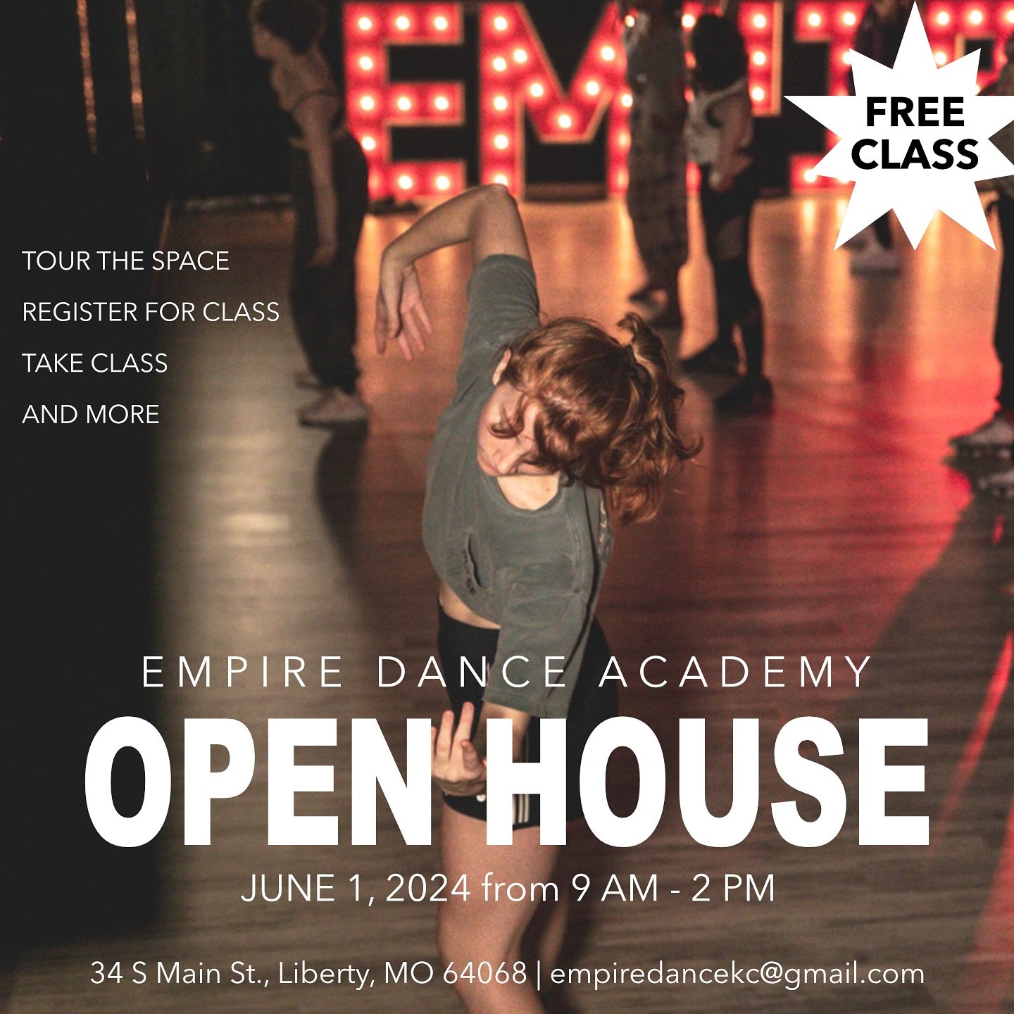We&rsquo;re so excited to be in Liberty, MO and to show off our new facility and amazing faculty, we want to invite you to our FREE Open House June 1st, 2024 from 9 AM to 2 PM. 

Stop by any time throughout the day:
- Tour The Facility
- Take Class
-