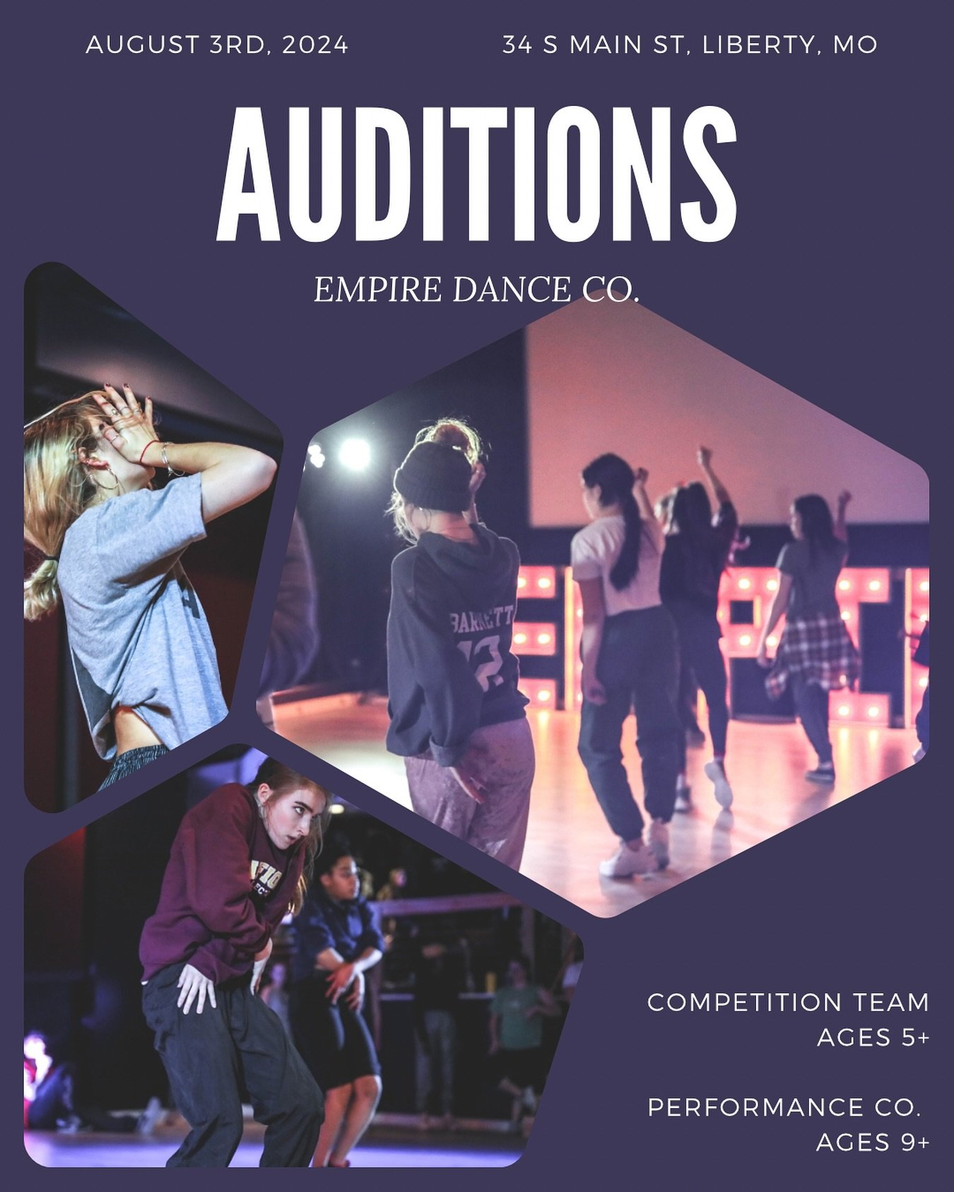 HUGE ANNOUNCEMENT 📣 SAVE THE DATE and register to audition for The Empire Dance Co. today!!

The 2024-2025 Empire Dance Co. auditions will be held on August 3rd, 2024 at the following times:

Competition Team (3+ Hours Per Week, Rehearsals, 2-3 Loca