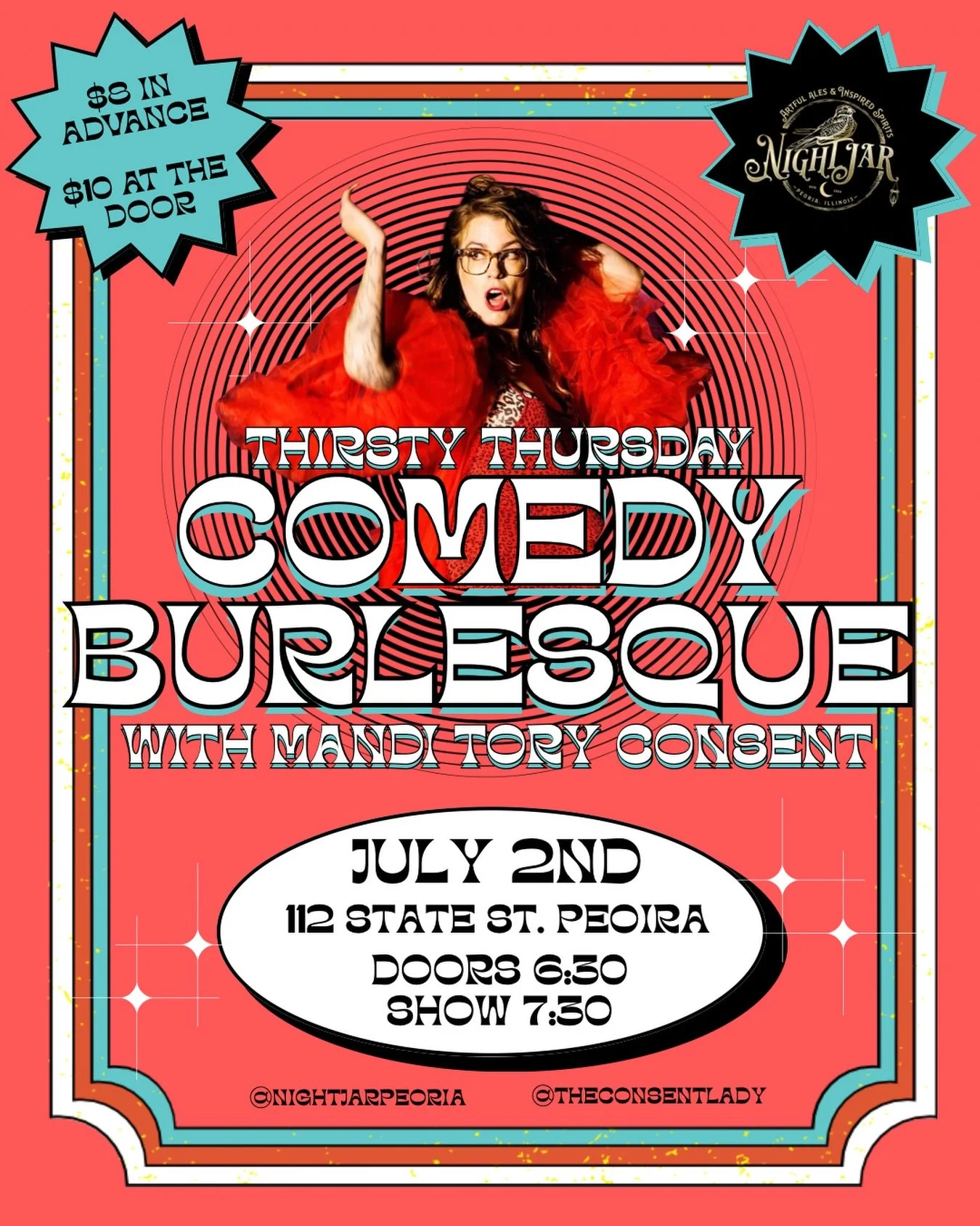 You loved her so much she&rsquo;s back! 💃&hearts;️

Mandi Tory Consent, Peoria&rsquo;s favorite hilariously sexy burlesque comedy consent educator, is at @nightjarpeoria for Thirsty Thursday, July 2nd. 

Doors 6:30
Show 7:30 

$8 in advance
$10 at t