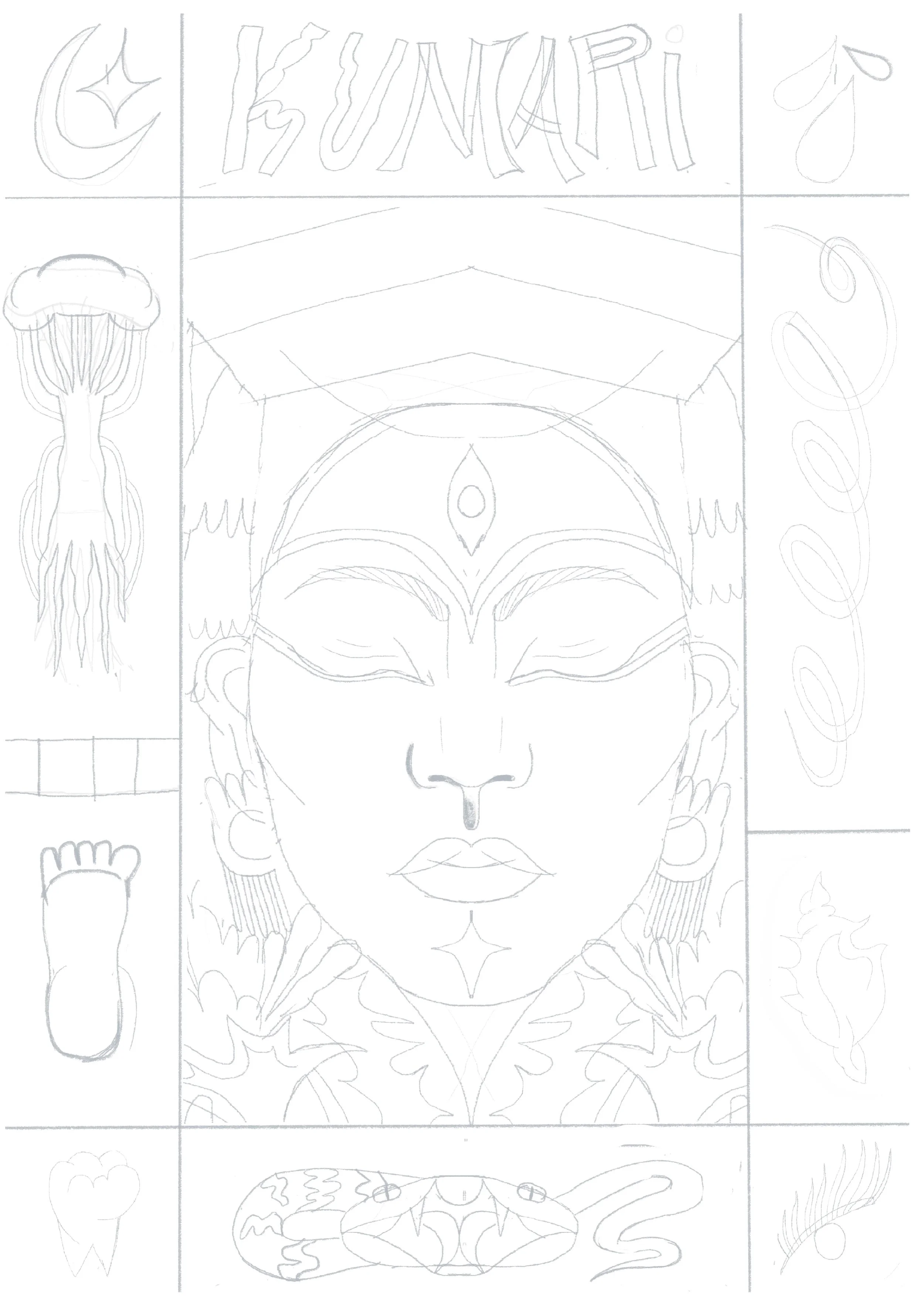 Manonina Illustration of Kumari Nepal a living godess, surrounded by 32 perfections