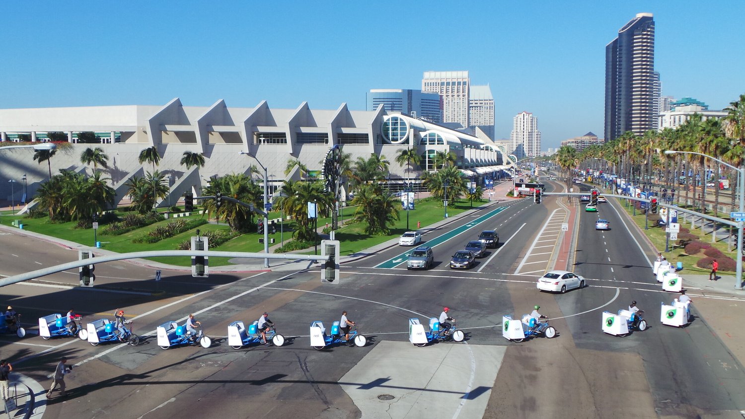 Pedicab fleet lined up in front of the San Diego Convention Center