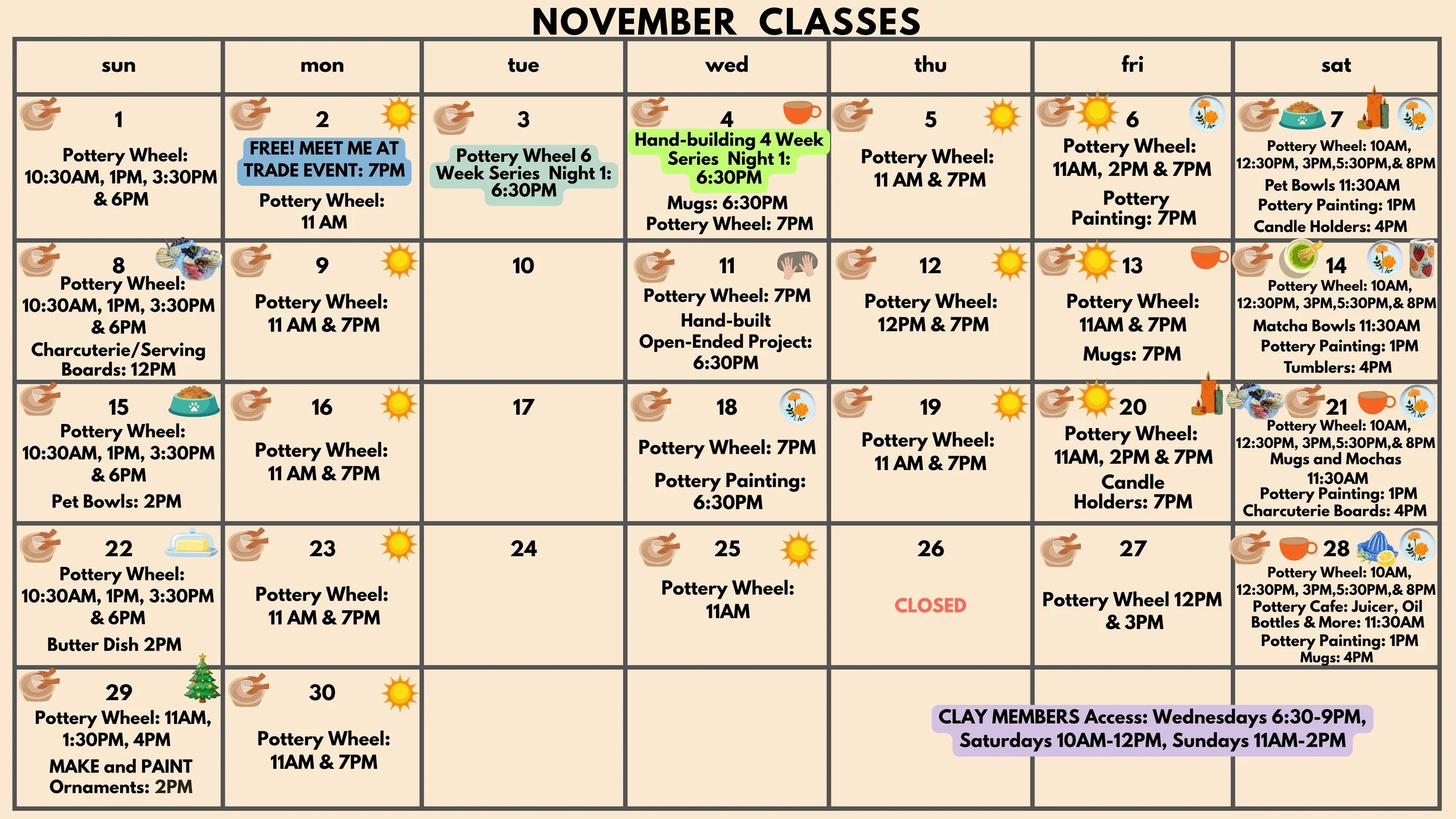 A calendar for November displaying various class schedules at a pottery studio, including pottery wheels, painting, and pet bowls, with specific dates and times listed for each activity.