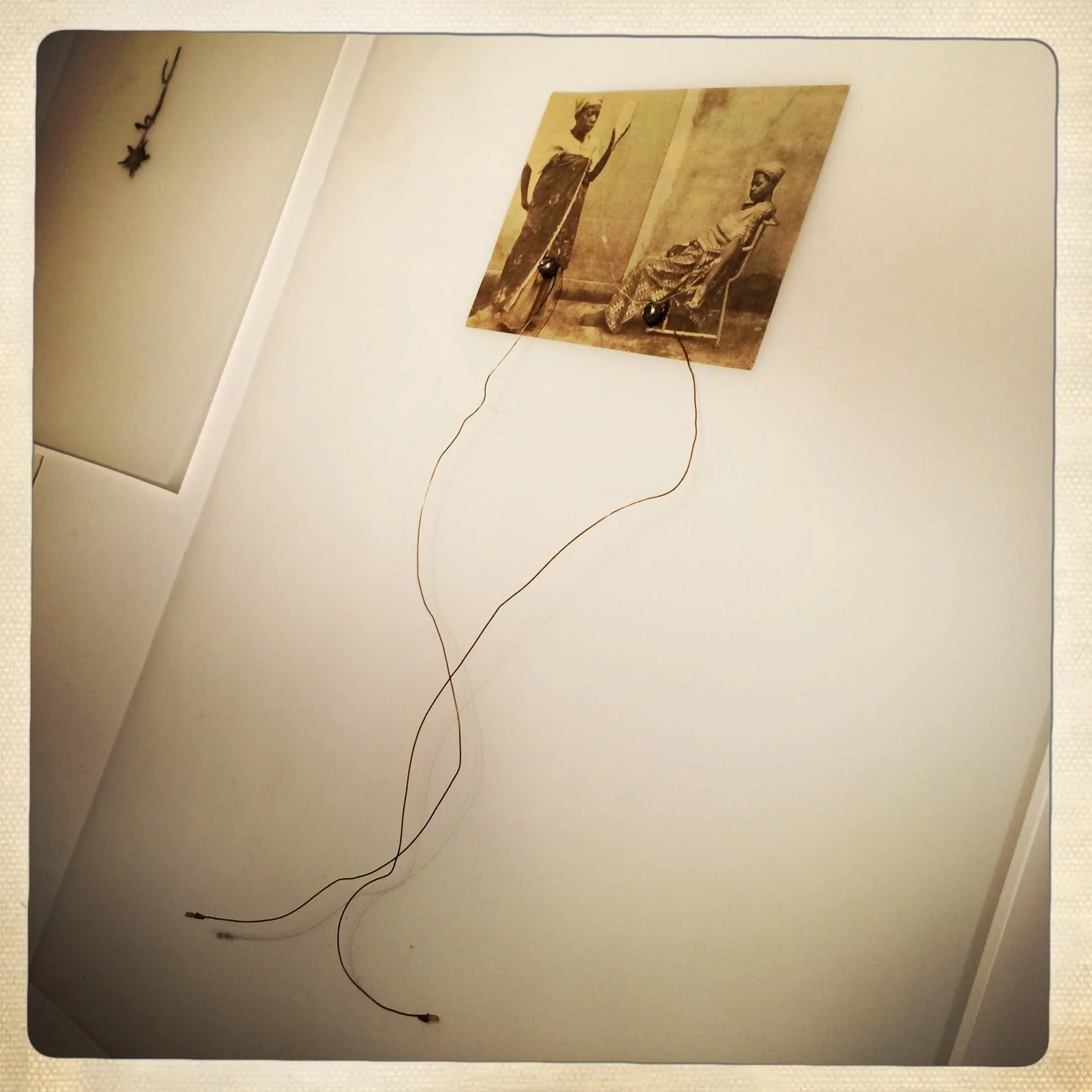 works on paper | LIFE LINE, newspaper image, wire conductors, vellum, 2004
