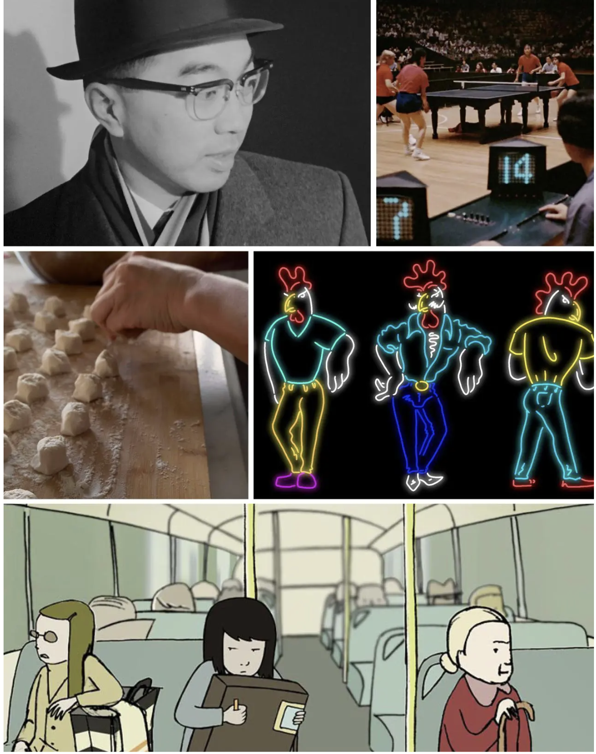 Stills from Bird of Passage, 1966, Ping Pong, 1974, Have You Eaten, 2020, Reviving the Roost, 2019, and Stationary, 2005, Courtesy of the National Film Board of Canada