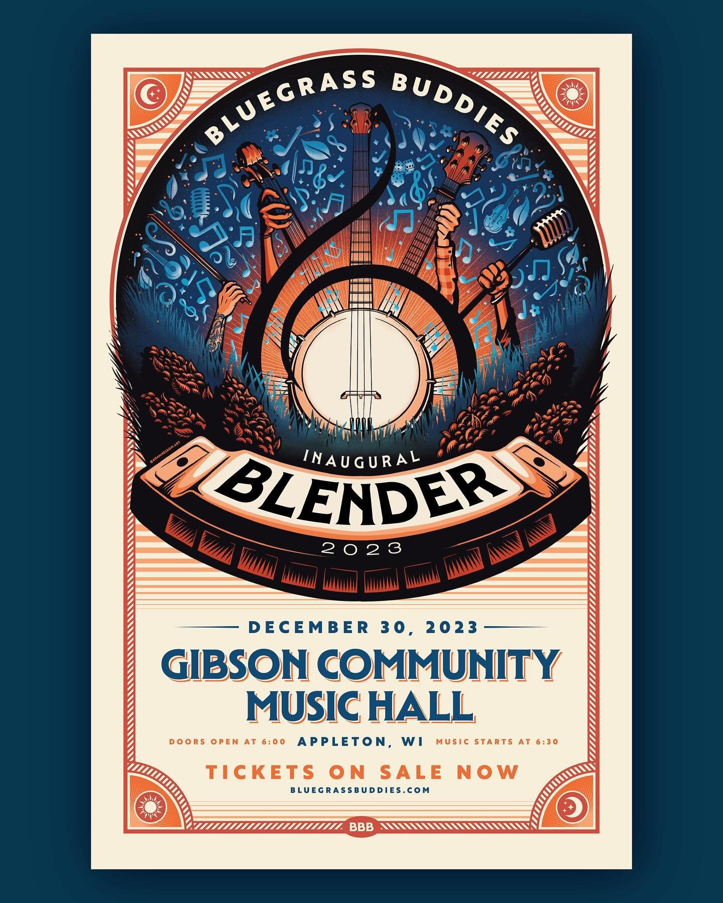 I had the pleasure of designing and illustrating this band poster for the Bluegrass Buddies Blender 🪕 A musician-focused festival that blends the pickin&rsquo; skills of talent in the bluegrass community. Happening in Appleton, WI in a few days!

#b
