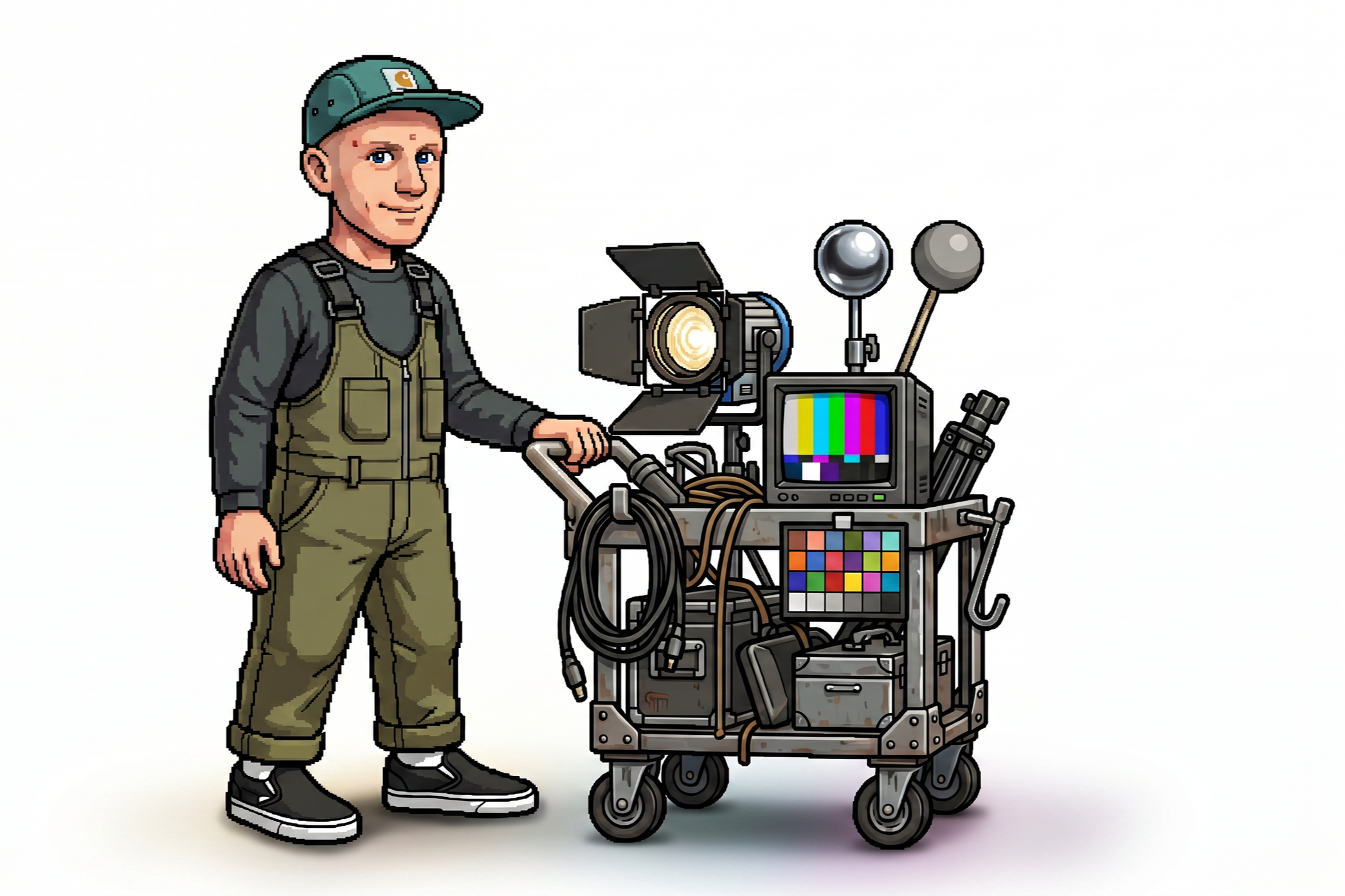 Cartoon person in casual clothing and a cap standing beside filming equipment with a camera, lights, monitor, and cables.