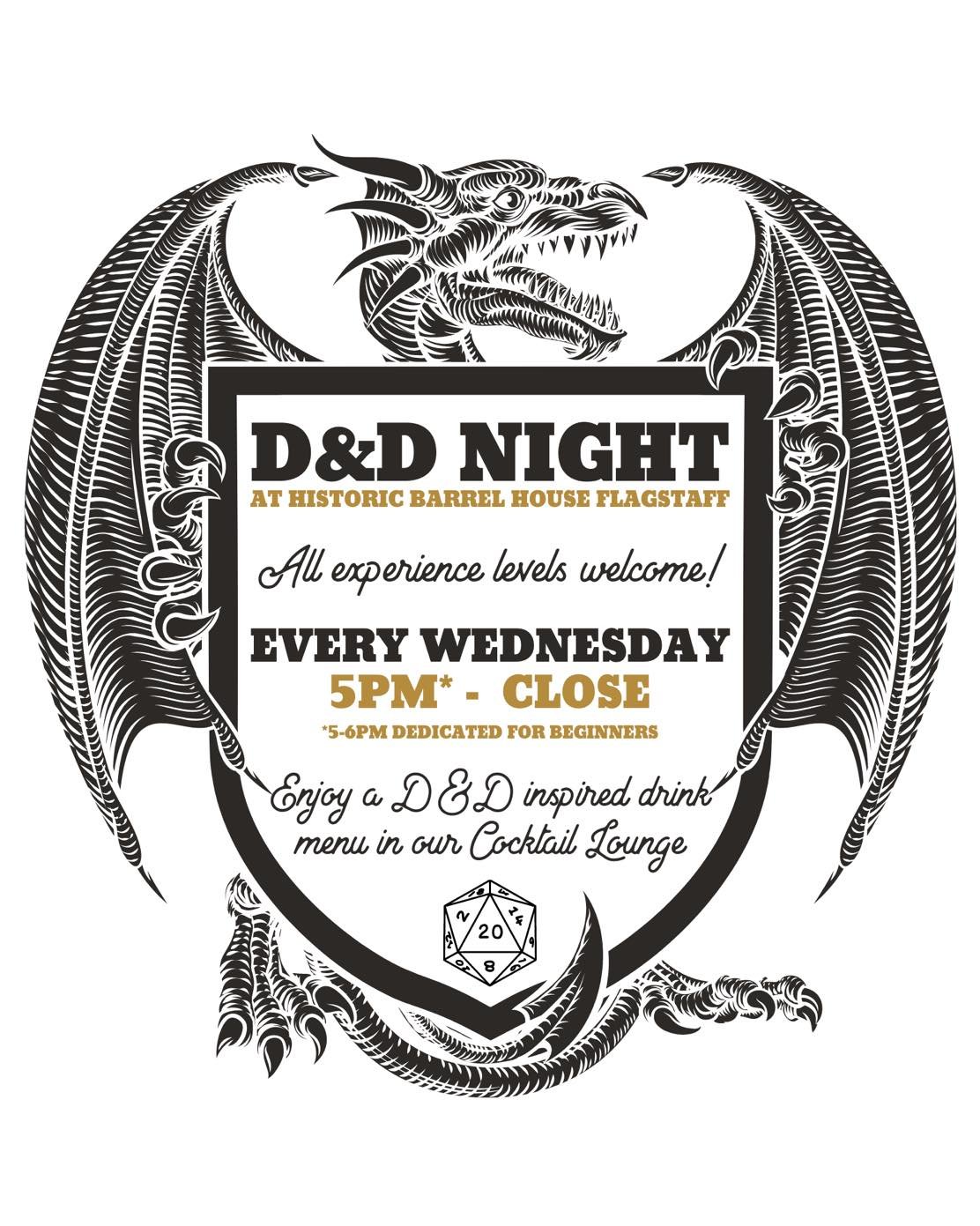 Get your dice ready for a night of magic and mystery in our cocktail lounge at Historic Barrel House - Flagstaff's. Join us as we play Dungeons &amp; Dragons every Wednesday! 🧙&zwj;♂️🎲
&mdash;
110 S San Francisco St - Flagstaff, AZ
&bull;
&bull;
&b