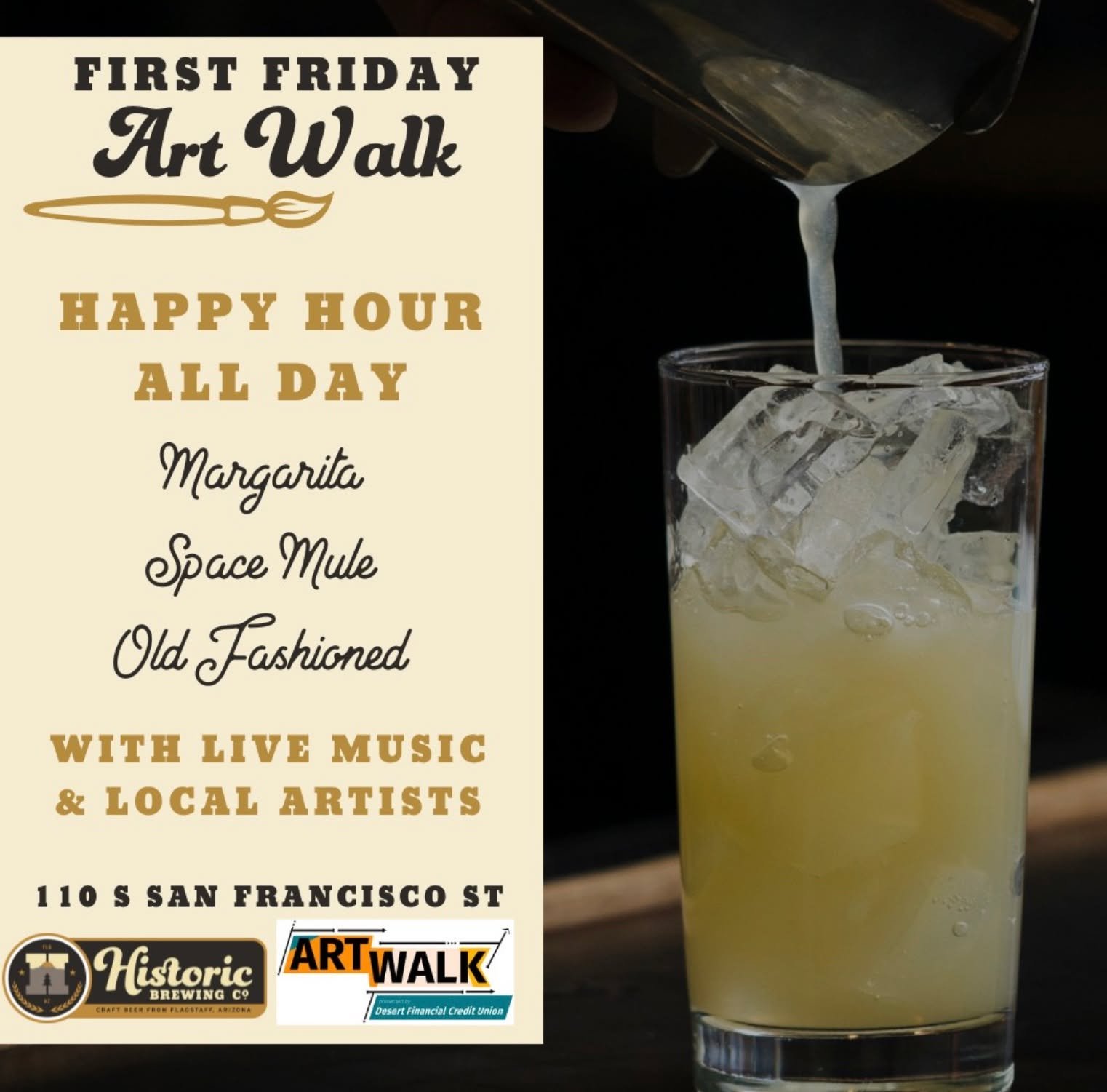🎨✨ Reminder that our First Friday Art Walks at Historic Barrel House - Flagstaff are every month on the First Friday of the month! Enjoy all-day happy hour with our delicious house margaritas, Space Mule, and Old Fashioned while soaking in the vibes