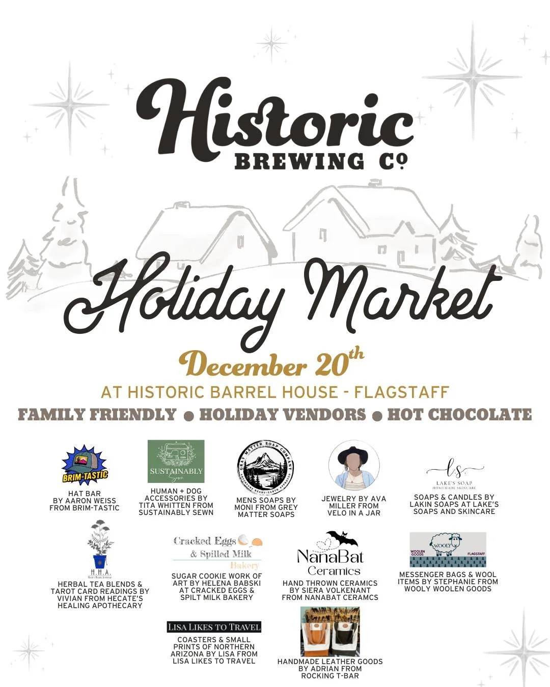 Join us for a cozy and cheerful evening at our Last Call Holiday Market on December 20th from 12pm-4pm at our Historic Barrel House - Flagstaff location! 🍻🎄 This family-friendly event will feature local vendors, live music, and plenty of festive sp