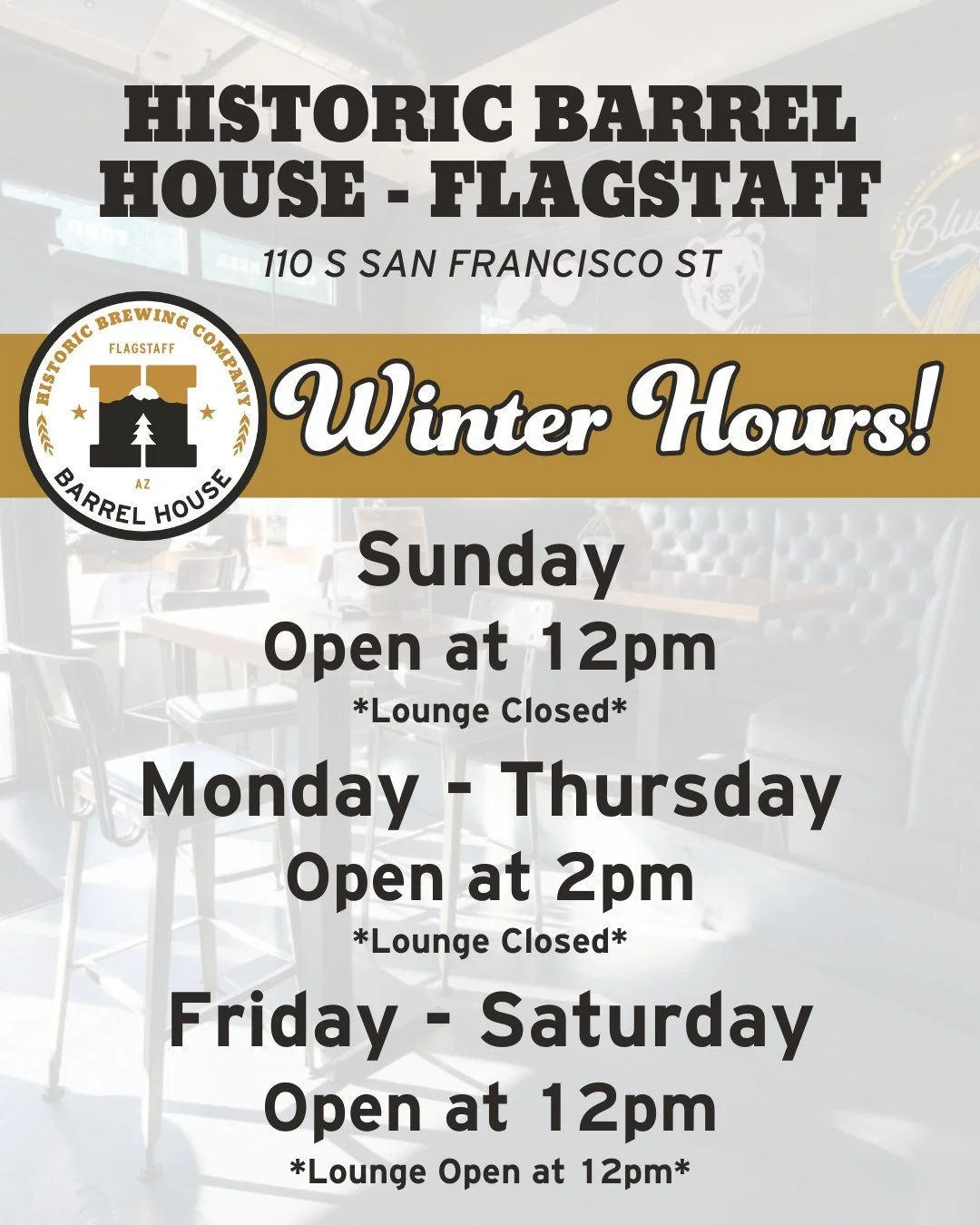 Historic Barrel House - Flagstaff has updated winter hours!🍻❄️ Join us for your favorite brews, cocktails, and yummy bites with a cozy atmosphere! 
--
📍110 S San Francisco St. Flagstaff, AZ
--
#HistoricBrewingCo #BarrelHouseFlagstaff #WinterHours #