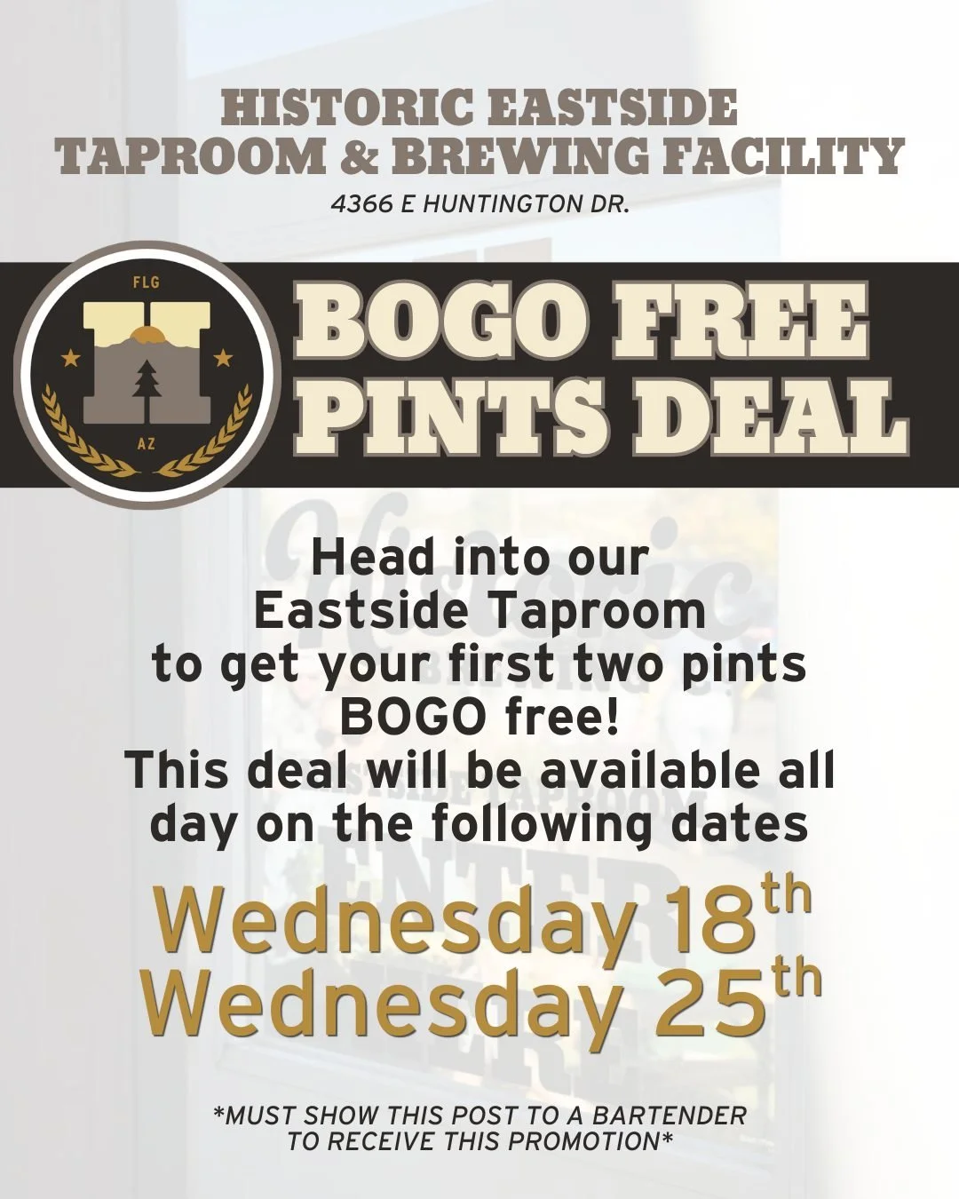 Hey everyone! Since our Eastside Taproom &amp; Brewing Facility is now back open on Wednesdays, we&rsquo;ve got a deal for you! 🍻 Enjoy your first two pints BOGO Free, so bring a friend and kick back with some good beer and good vibes. This deal is 