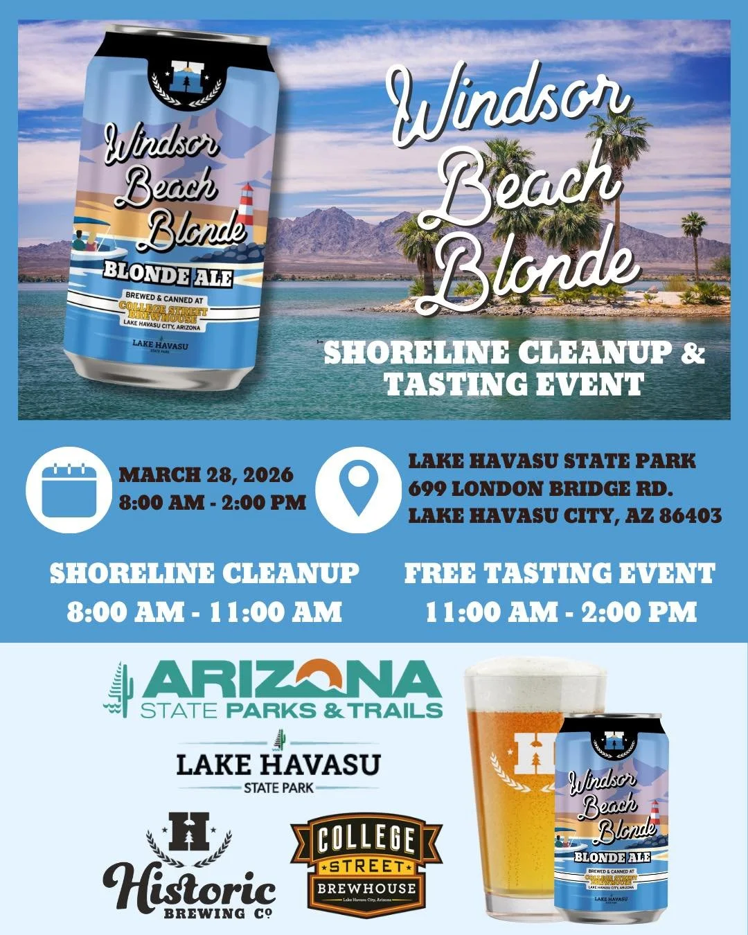 Good vibes, clean shores, cold beer 🍻 Our collab brew with College Street, Arizona State Parks &amp; Trails, and Lake Havasu State Park is here 🍻 

Join us March 28th at Lake Havasu State Park as we clean up the shoreline and protect what makes thi
