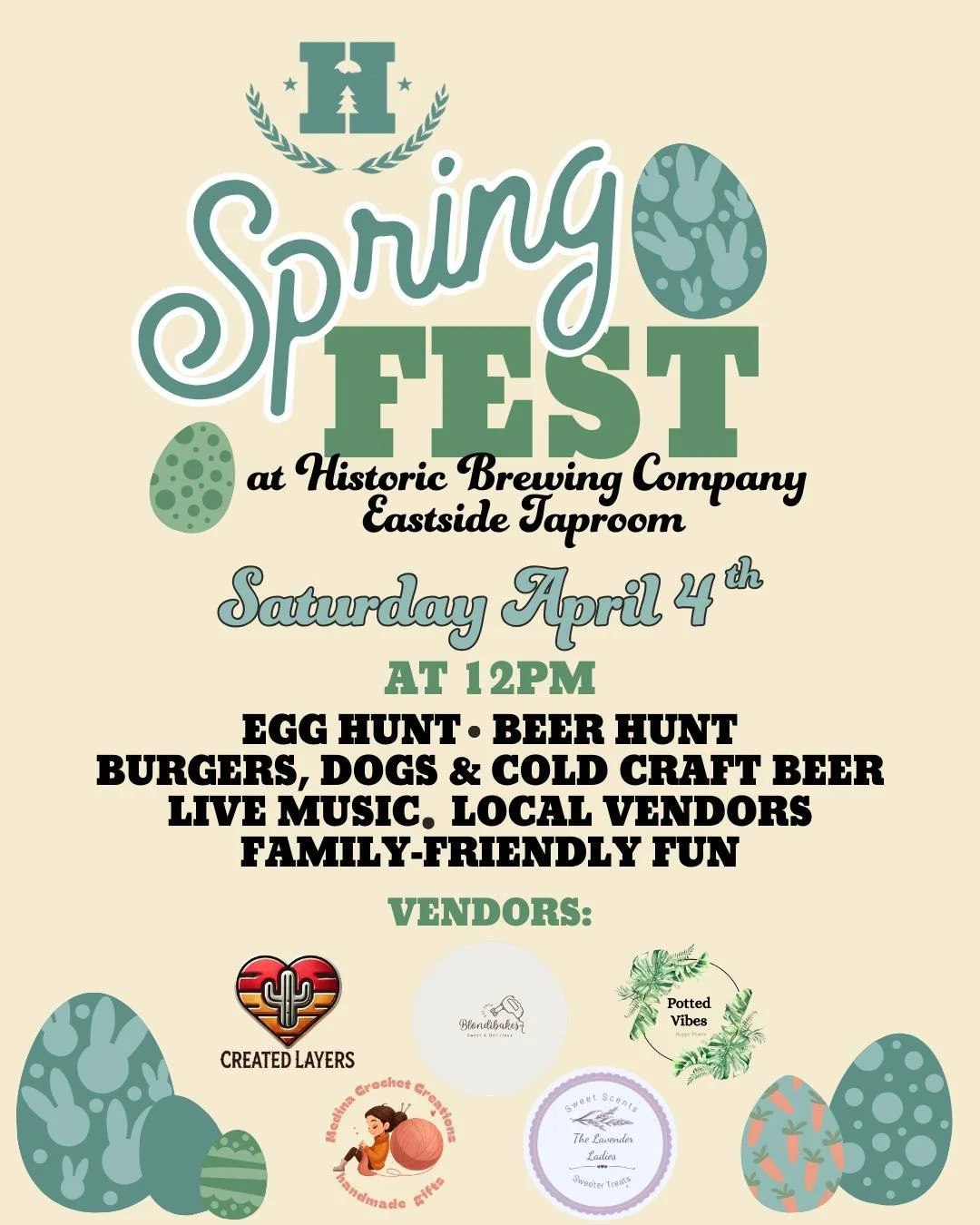 Spring Fest is headed to our Eastside Taproom 🌸🍻 Join us April 4th starting at 12pm for a full day of family-friendly fun! We&rsquo;ve got an egg hunt for the kids, a beer hunt for the adults, a burger or hot dog combo, cold craft beer, live music,