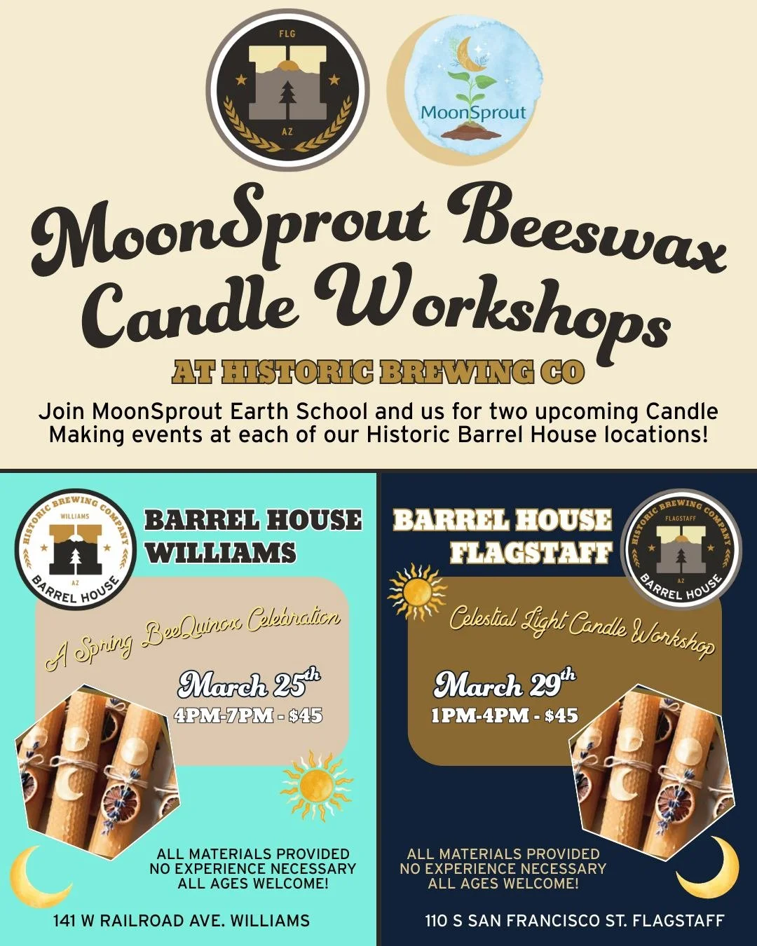 Light up your creativity with us at Historic Brewing Company 🍯🕯️
We&rsquo;re excited to host MoonSprout Earth School for two special candle making workshops at our Barrel House locations. Celebrate the Spring BeeQuinox and enjoy a Celestial Light C