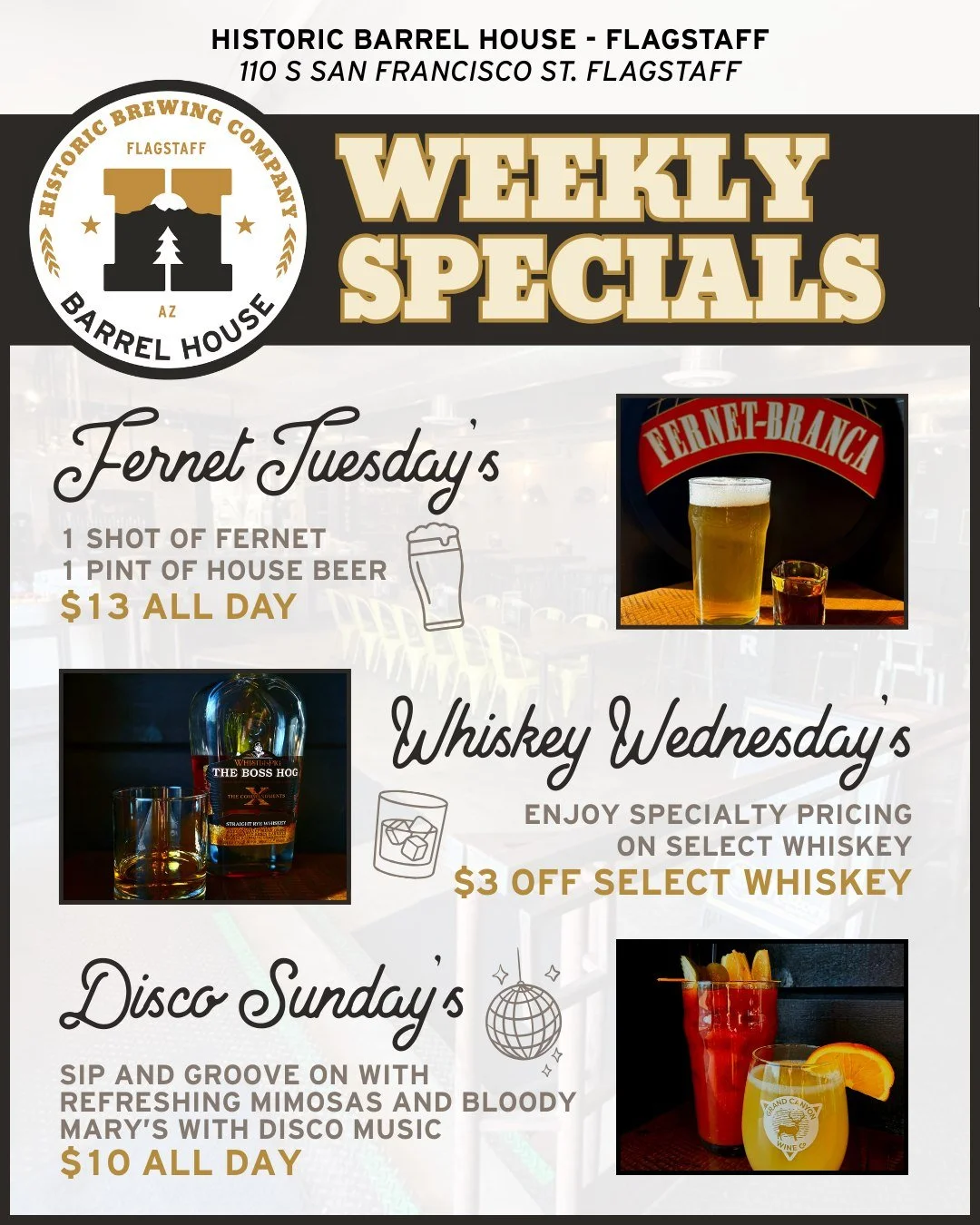 Weekly specials just got a whole lot better at our Flagstaff Barrel House 🍻
Kick things off with Fernet Tuesdays - a shot of Fernet and a pint of house beer for $13 all day. Slide into Whiskey Wednesday&rsquo;s with $3 off select pours, then wrap up