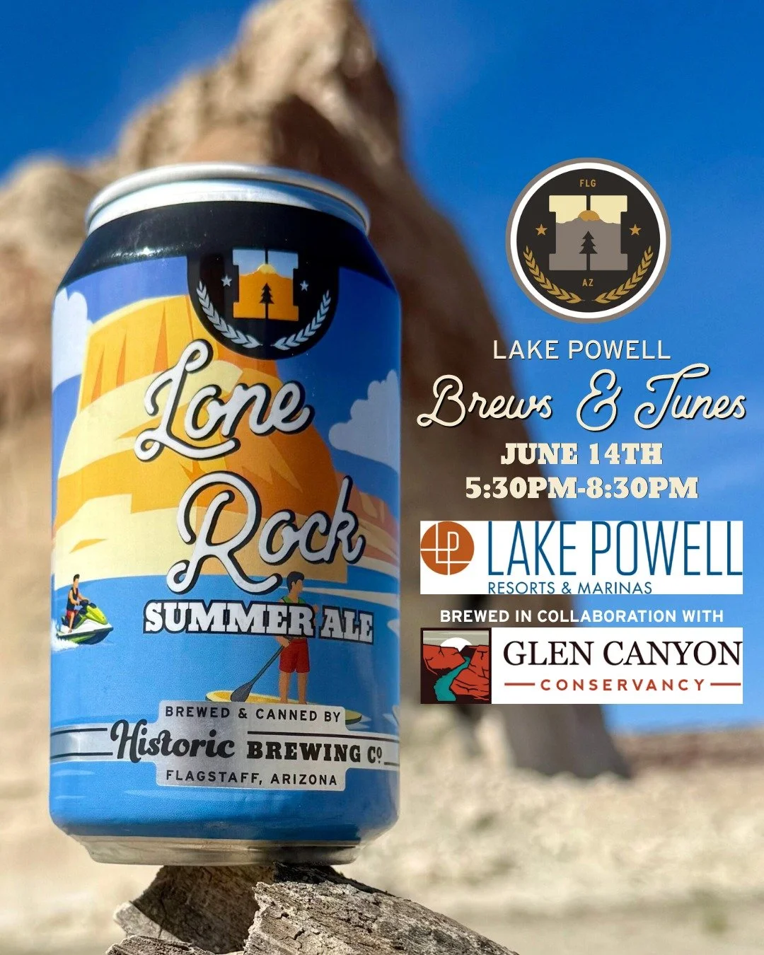 Don't miss out on Sunday, June 14, from 5:30P&ndash;8:30P on the lawn at @visitlakepowell  for an evening of live music, games, food, local vendors, and plenty of our brand new Lone Rock Summer Ale brewed in collaboration with @glencanyonconservancy 
