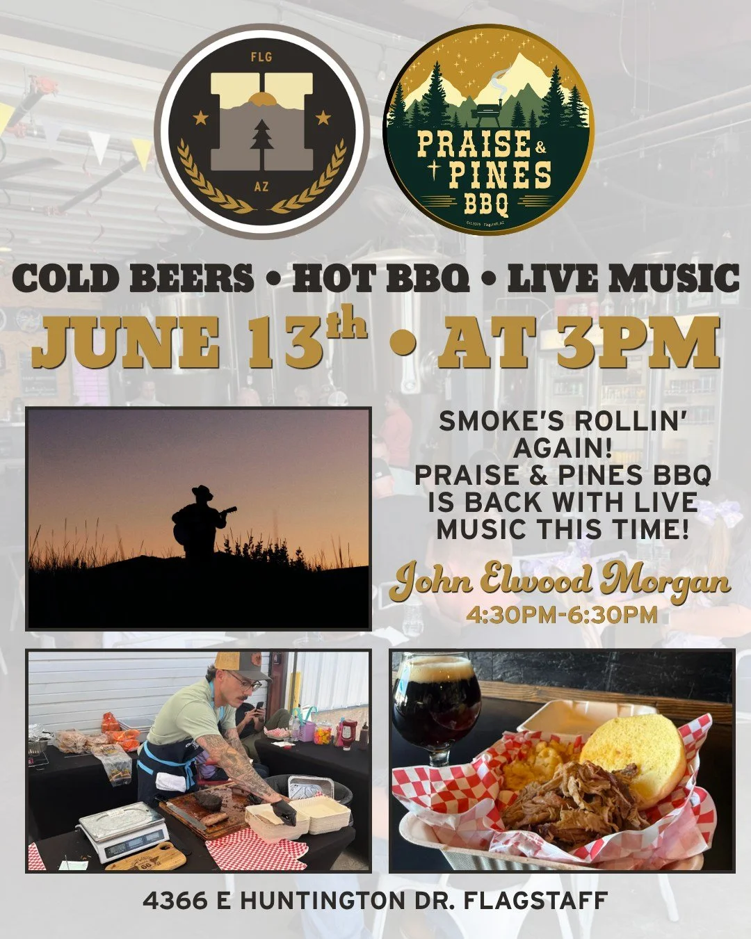 Missed the last one?🍻
Praise &amp; Pines BBQ is back at Historic Brewing Saturday, June 13th, starting at 3PM, and this time, we&rsquo;re bringing live music too! Join us for smoked BBQ, fresh pours, and a live performance from John Elwood Morgan fr