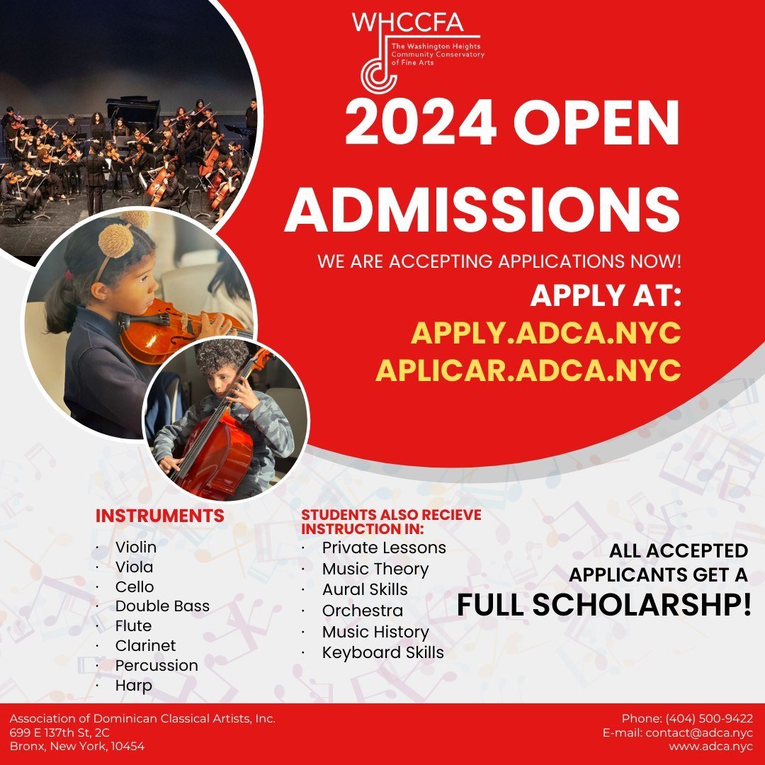 Our 2024-25 school year student applications are open! 

All admitted students at the Washington Heights Community Conservatory of Fine Arts are awarded a Full Scholarship and receive their education at no cost.

You can apply at the link in our bio!