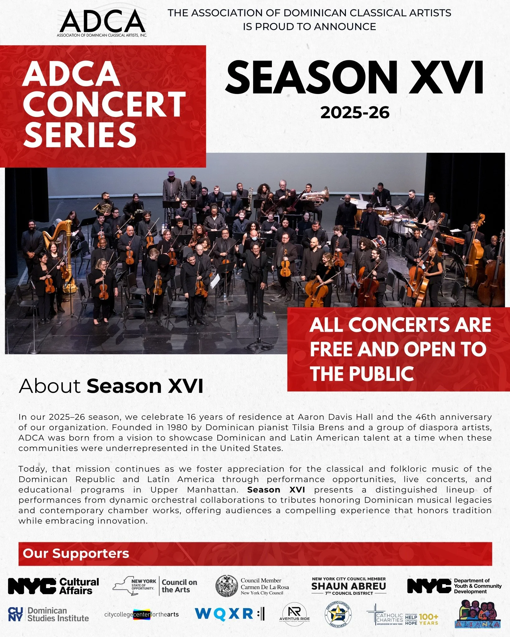The Association of the Dominican Classical Artists is proud to announce Season XVI 2025-26!

An exciting new concert series is on the way. Be on the lookout for upcoming announcements and flyers.

Visit adca.nyc or the link in bio for more details!