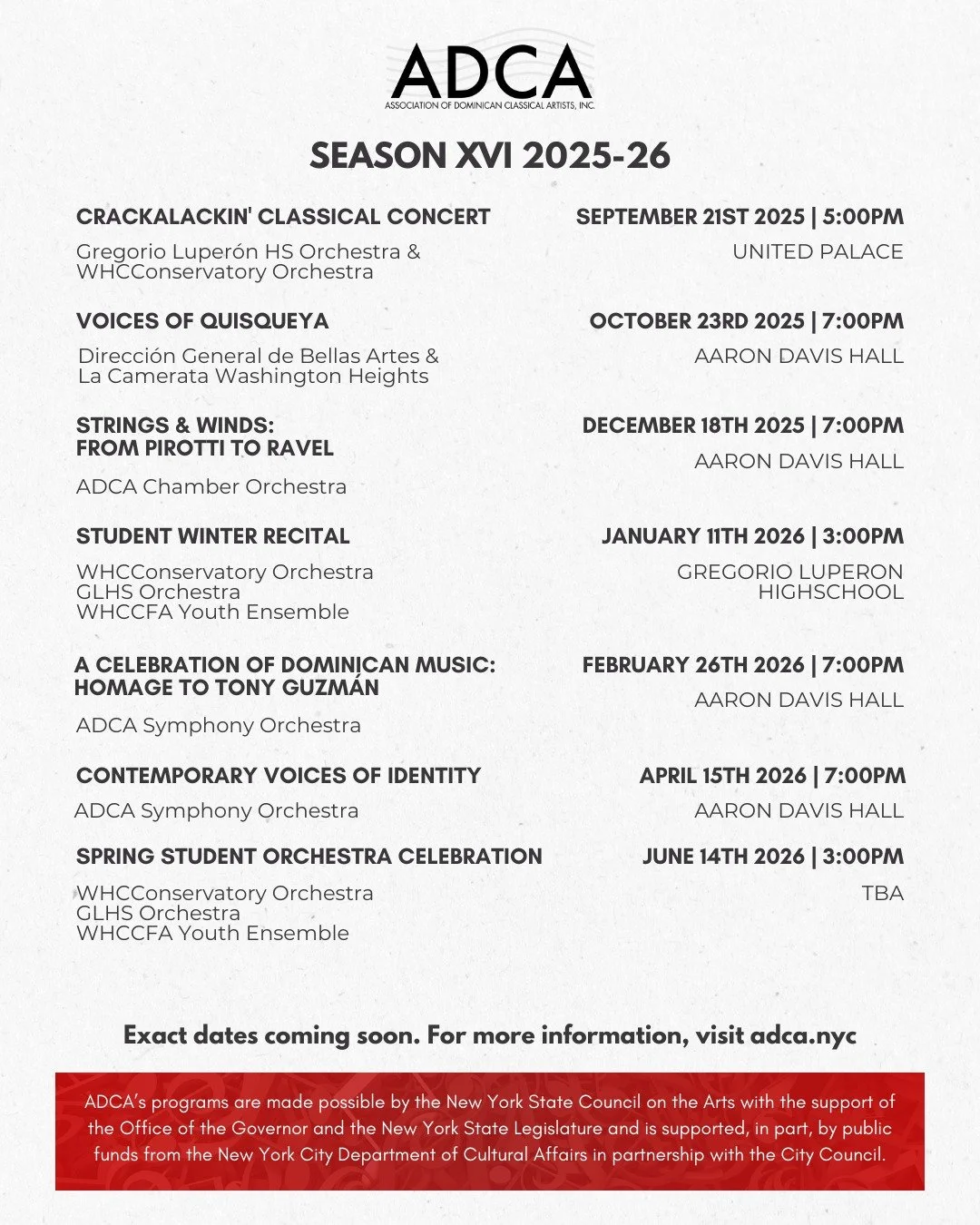 Our Season XVI (2025&ndash;26) flyer has been updated with times and dates! 

For the latest details and future updates, visit adca.nyc and stay tuned for more announcements.