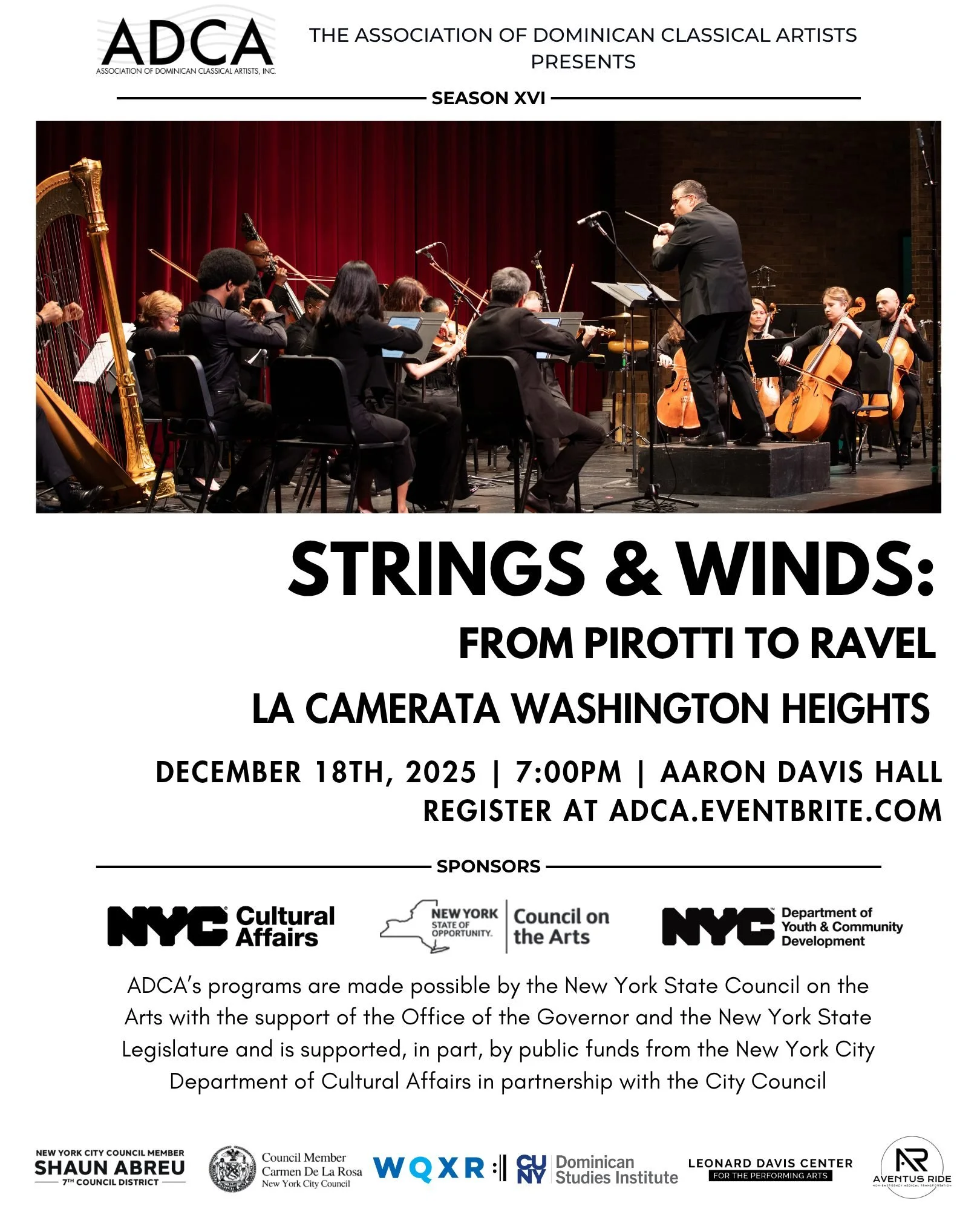 The Association of Dominican Classical Artists is proud to announce the second concert of Season XVI:

Strings &amp; Winds: From Pirotti to Ravel

La Camerata Washington Heights presents a program that pairs contemporary Latin American composition wi