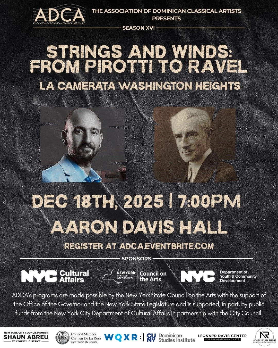 We are just one month away from our first concert of Season XVI:

Strings &amp; Winds: From Pirotti to Ravel

La Camerata Washington Heights presents a program that bridges contemporary Latin American composition with French impressionism, featuring 