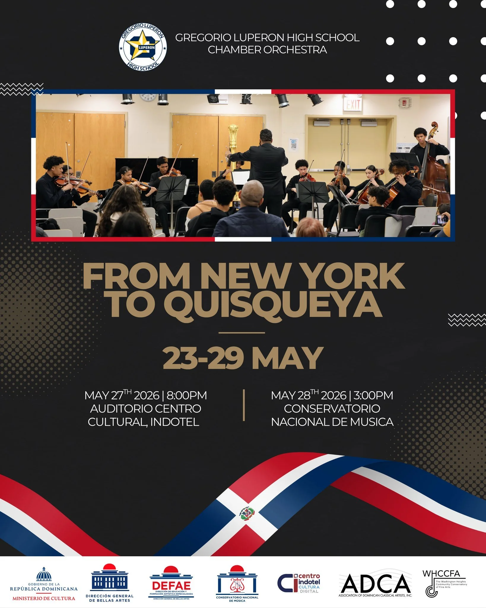 From New York to Quisqueya 🇩🇴🎻

The Gregorio Luper&oacute;n High School Chamber Orchestra is heading to the Dominican Republic for a week of music, collaboration, and cultural exchange from May 23&ndash;29, 2026.

Join us in supporting these young