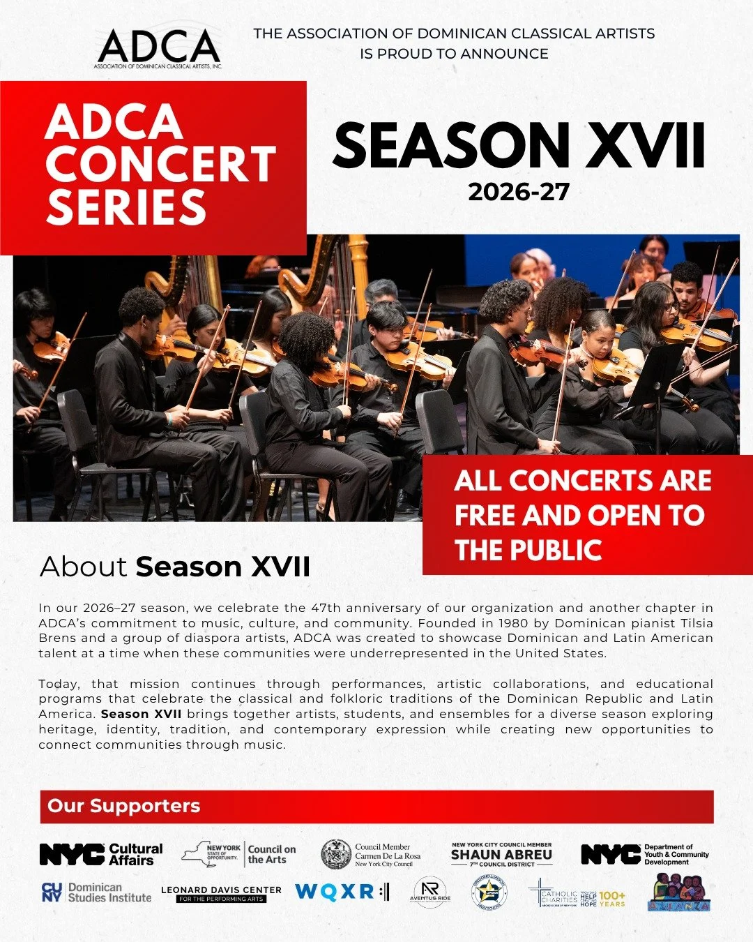 The Association of Dominican Classical Artists (ADCA) is proud to announce Season XVII (2026&ndash;27).

As we celebrate 47 years, we look forward to another season reflecting ADCA&rsquo;s continued commitment to artistic excellence, cultural heritag