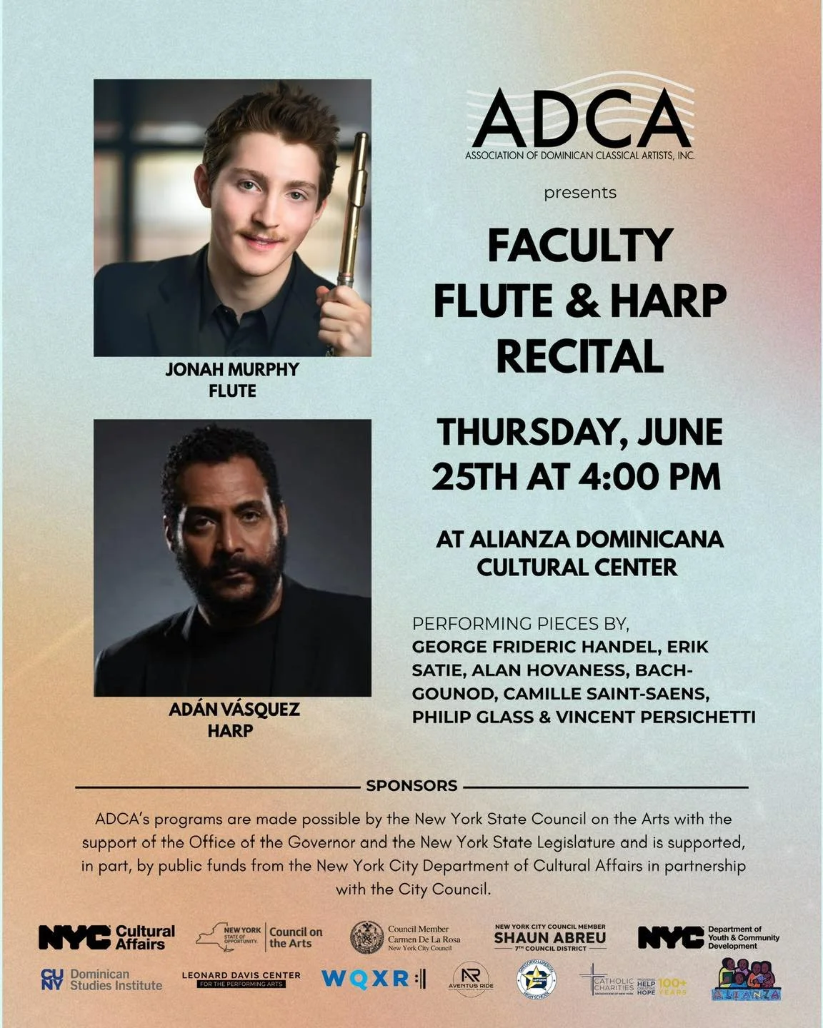 Join us this week for our Faculty Flute &amp; Harp Recital featuring Jonah Murphy, flute, and Ad&aacute;n V&aacute;squez, harp.

Enjoy an engaging program of works by Handel, Satie, Hovhaness, Bach-Gounod, Saint-Sa&euml;ns, Philip Glass, and Persiche