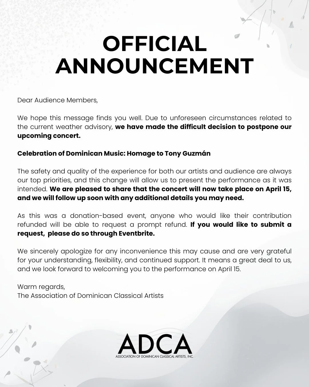Official statement regarding our upcoming concert.