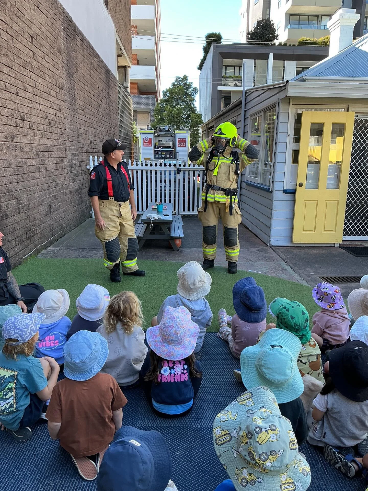 We had a fantastic visit from the Wollongong Fire Brigade this week!

The children learned important fire safety skills like &ldquo;stop, drop and roll&rdquo; and getting down low and &ldquo;go, go, go!&rdquo; They explored the firefighters&rsquo; pr