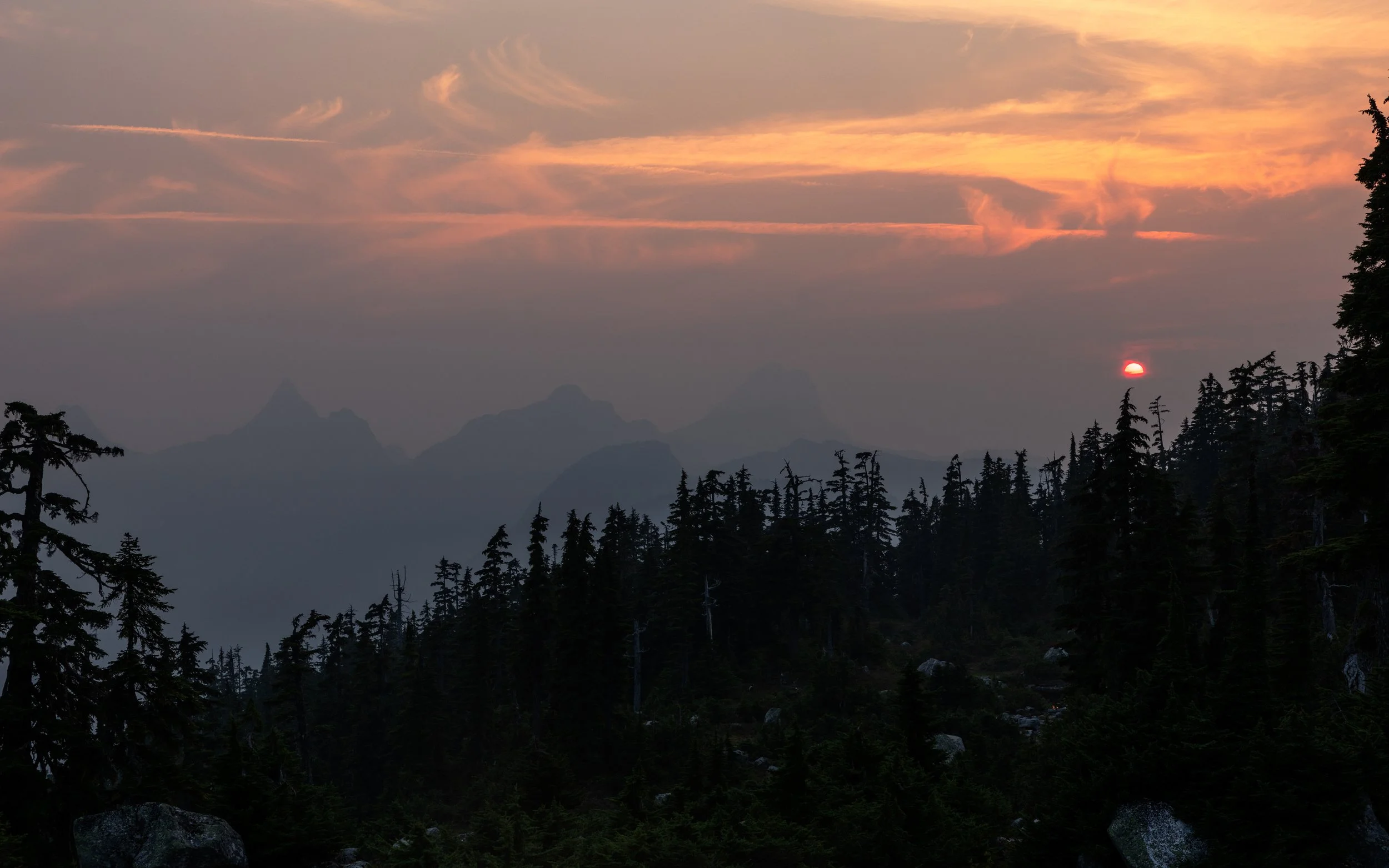 Sunset over a mountain range with silhouetted trees in the foreground and clouds in the sky.