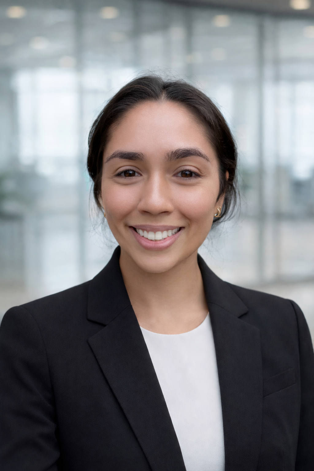 Close-up of a smiling woman in a black blazer and white shirt in a modern office setting.