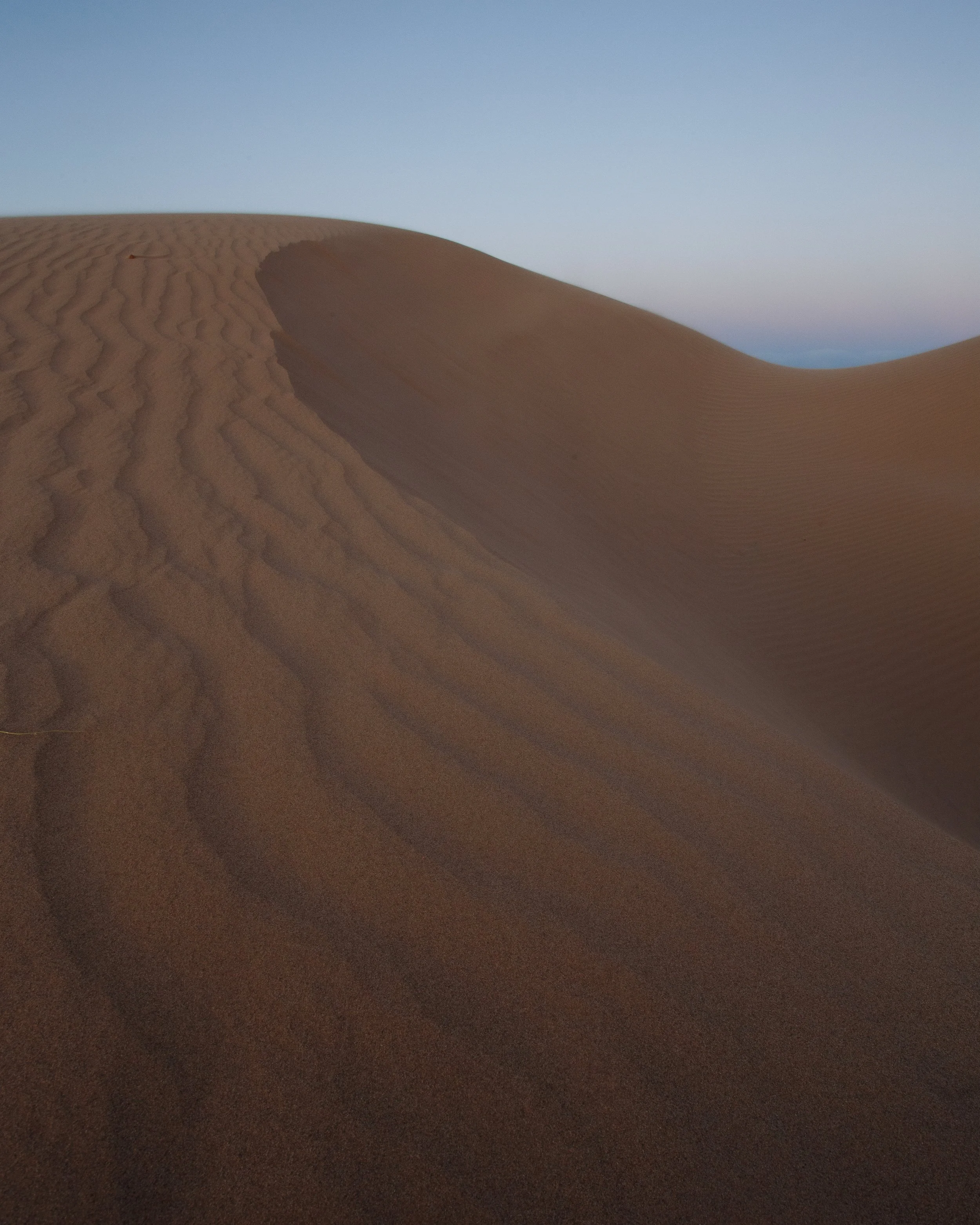 Sand dunes under a clear sky at sunset or dawn.