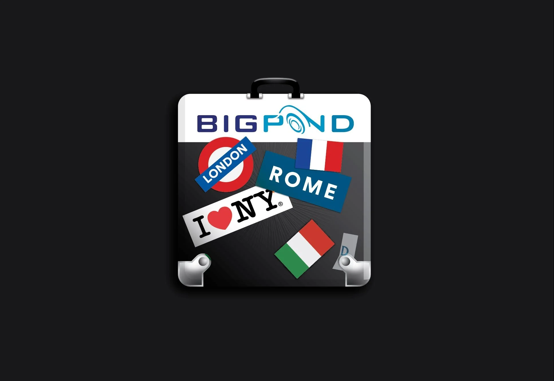 A suitcase decorated with travel stickers, including London, Rome, New York, and Italy, on a black background.