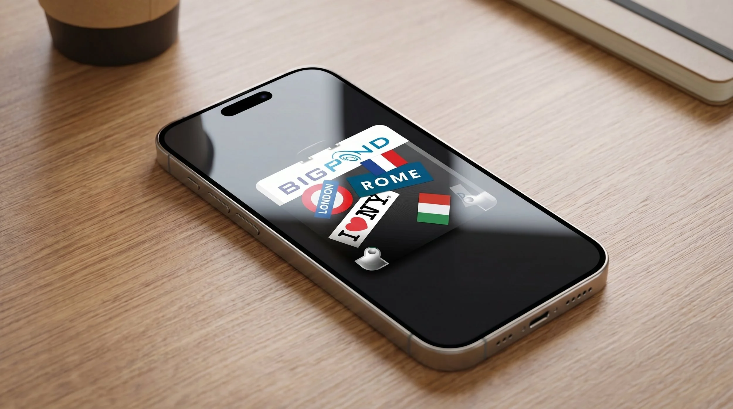 An iPhone lying on a wooden desk with stickers displaying London, Big Pond, Rome, and Italy.