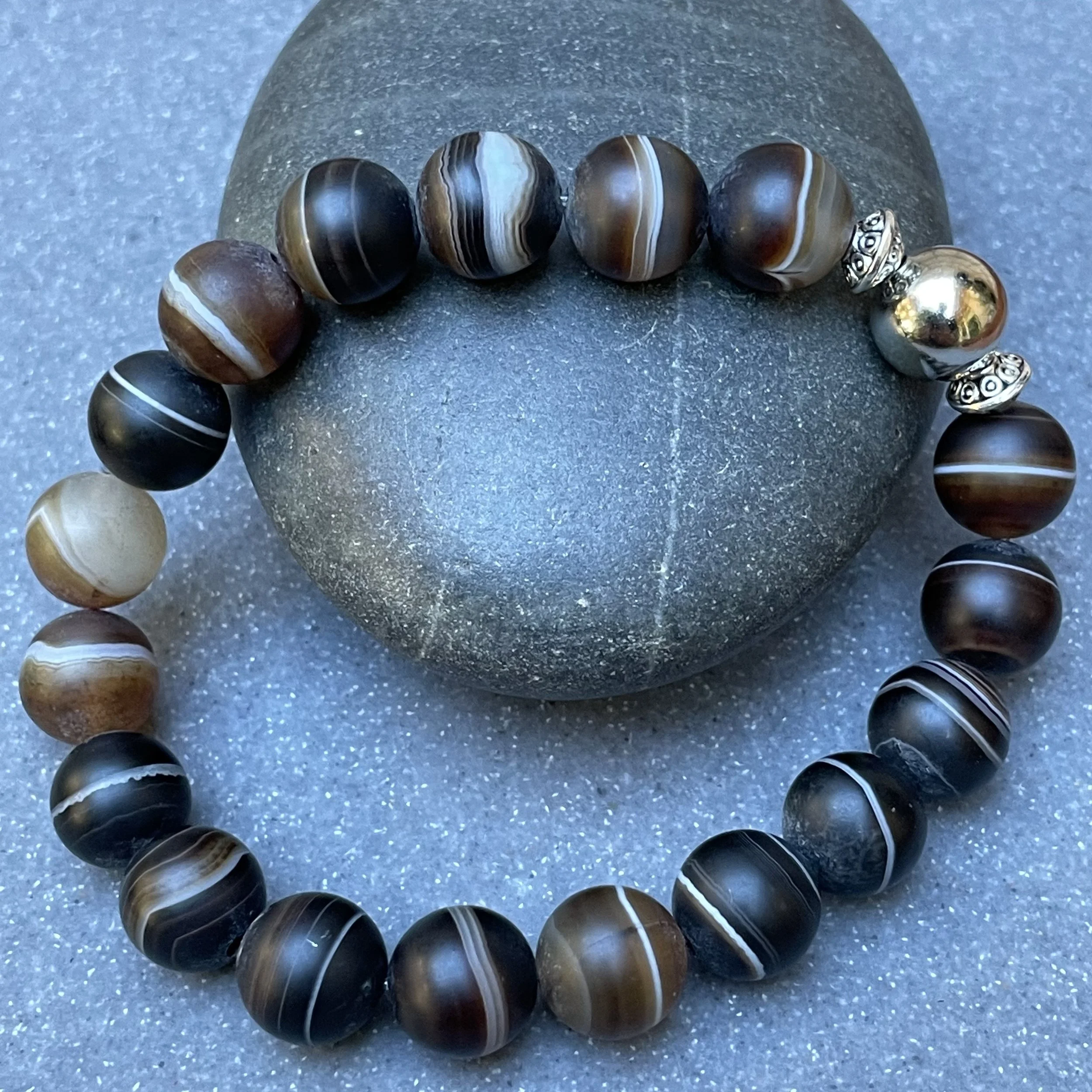 Bracelet - Mens/Unisex Gemstone (Banded Agate with Silver Accents)