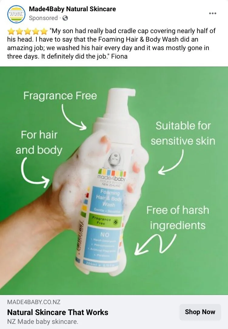 SOCIAL MEDIA AD CAMPAIGN: Social media ad for my e-commerce client Made4Baby. Copy and graphics by me, photo credit: Amanda Thomas Photography.  