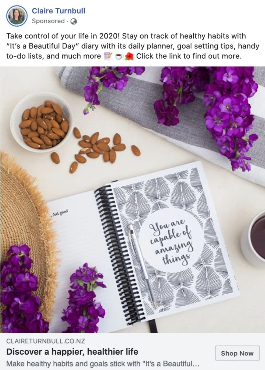 SOCIAL MEDIA AD CAMPAIGN: A social media ad for a campaign for nutritionist and author, Claire Turnbull. Copy by me, image supplied. 