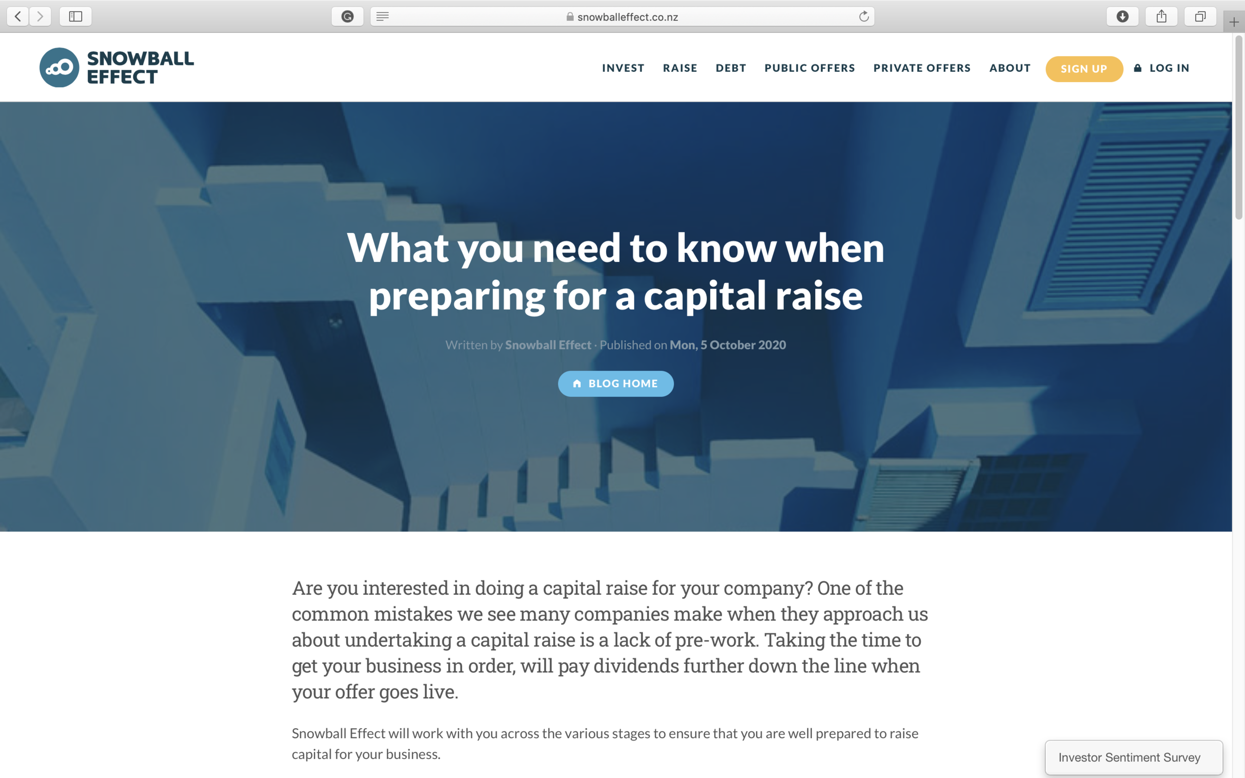 BLOG WRITING: An article for my client Snowball Effect, which outlines the four key stages of preparing for a capital raise. 